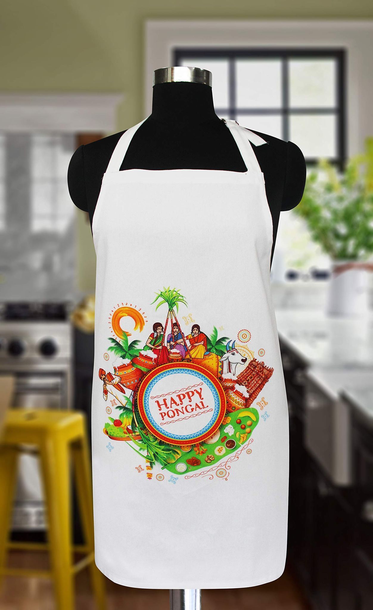 AIRWILL, 100% Cotton Pongal Design Printed Aprons, Sized 65cm in Width & 80cm in Length with 1 Center Pocket, Adjustable Buckle on Top and 2 Long Ties On Both 2 Sides. Pack of 1 piece
