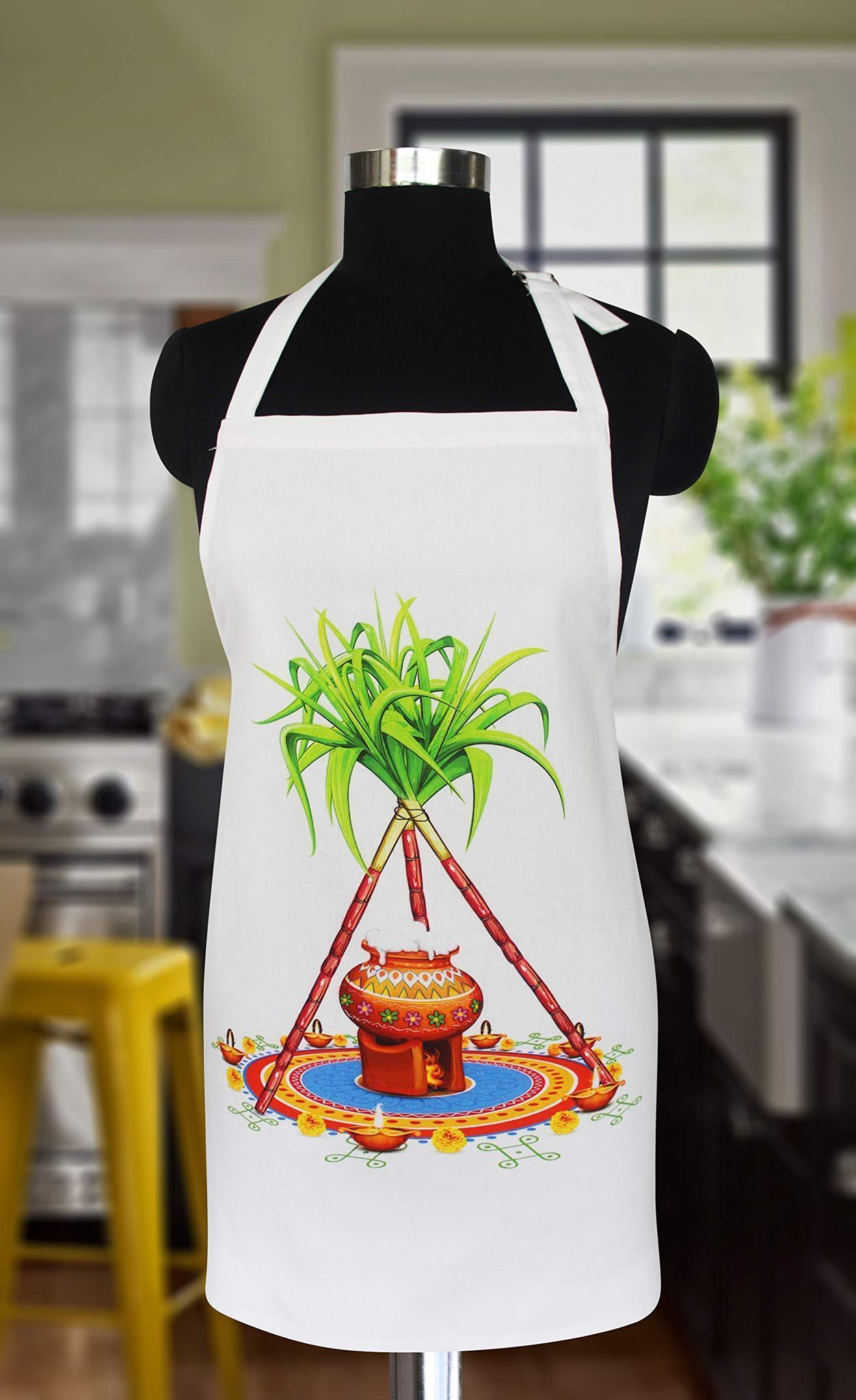 AIRWILL, 100% Cotton Pongal Design Printed Aprons, Sized 65cm in Width & 80cm in Length with 1 Center Pocket, Adjustable Buckle on Top and 2 Long Ties On Both 2 Sides. Pack of 1 piece