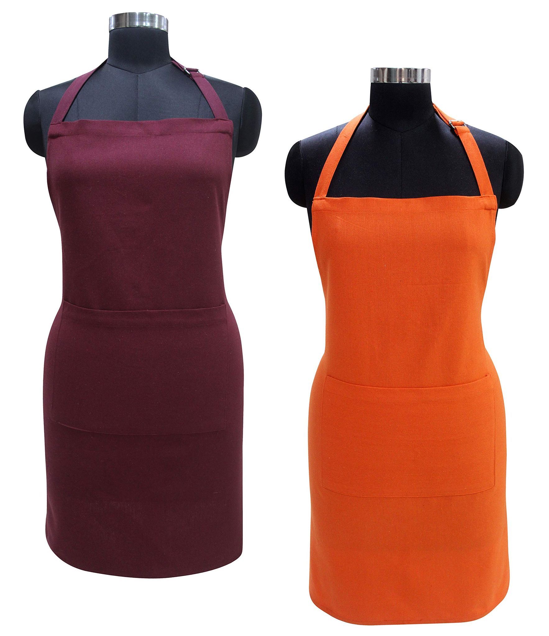 AIRWILL 100% Cotton Premium Quality Solid Pattern Free Sized Apron (Maroon,Orange, Pack of 2)