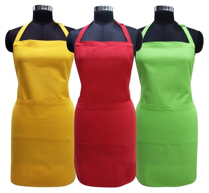 AIRWILL Cotton Plain Colored Solid Pattern Free Size Apron with Center Pocket, Adjustable Buckle on Top and Long Straps (Red,Yellow,Green, Pack of 3)