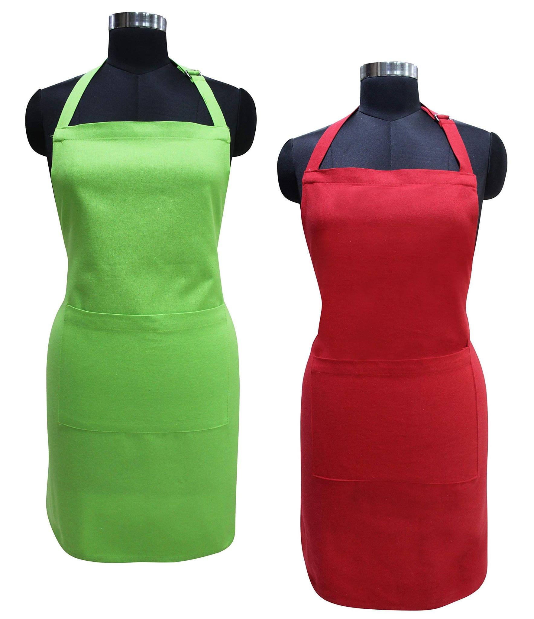 AIRWILL 100% Cotton Premium Quality Solid Pattern Free Sized Apron (Green,Red, Pack of 2)