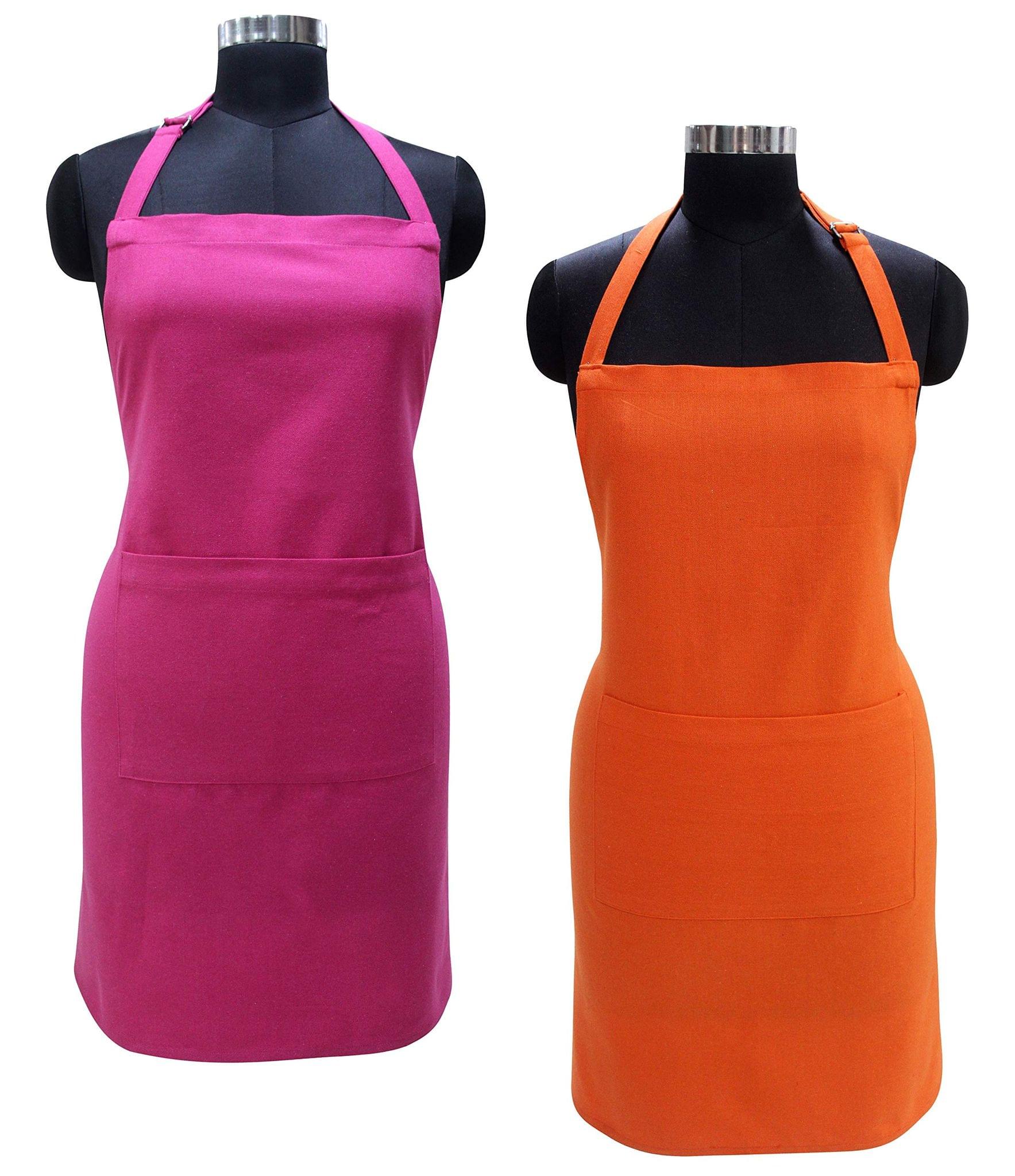 AIRWILL 100% Cotton Premium Quality Solid Pattern Free Sized Apron (Pink,Orange, Pack of 2)