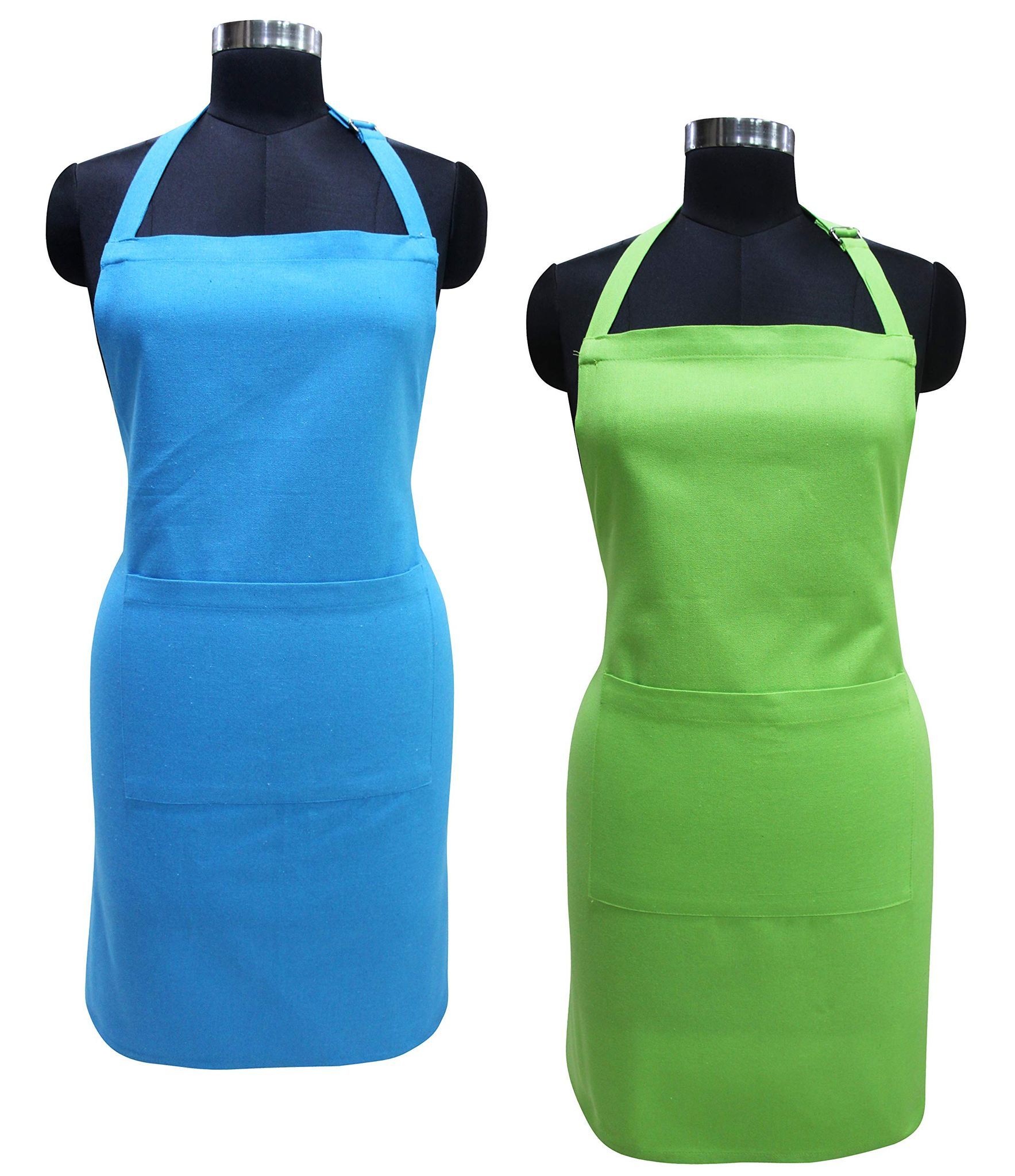 AIRWILL 100% Cotton Premium Quality Solid Pattern Free Sized Apron (Blue,Green, Pack of 2)