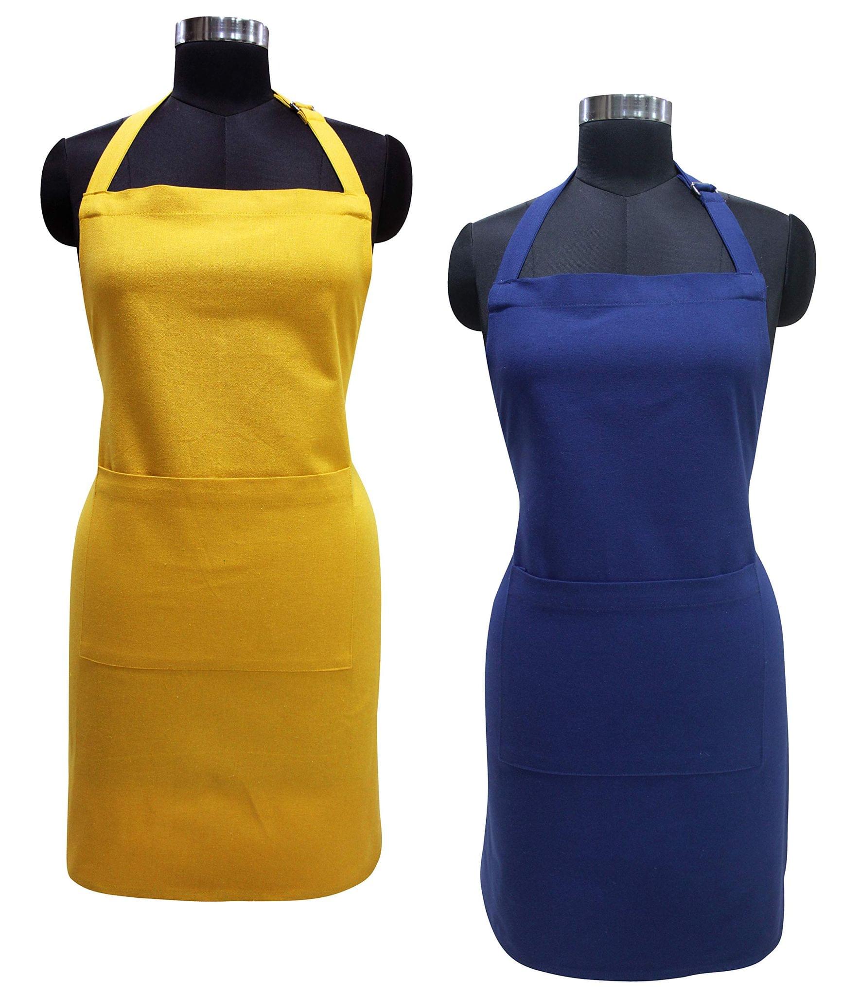 AIRWILL Cotton Plain Colored Solid Pattern Free Size Apron with Center Pocket, Adjustable Buckle on Top and Long Straps (Yellow,Blue, Pack of 2)