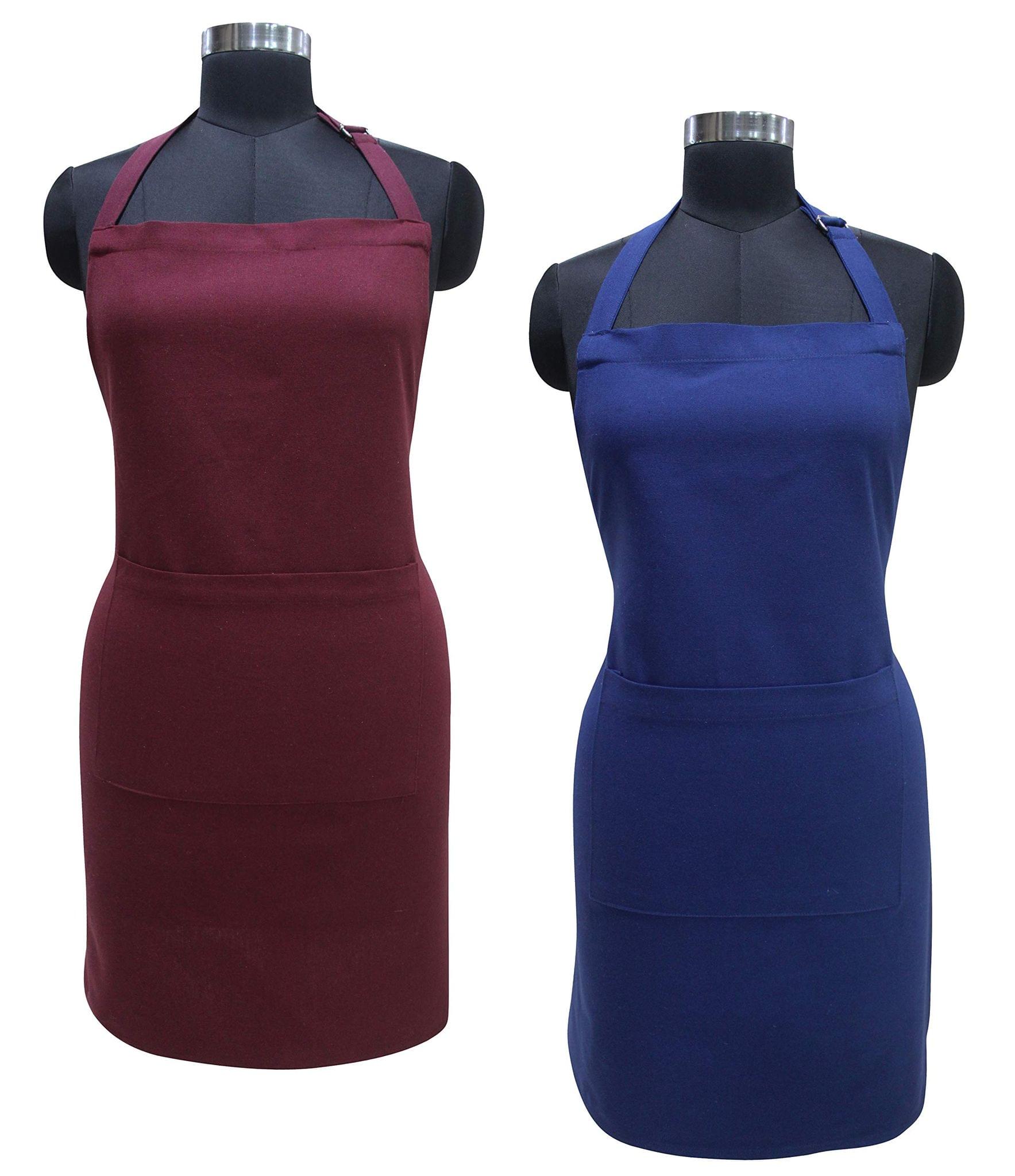 AIRWILL 100% Cotton Premium Quality Solid Pattern Free Sized Apron (Maroon,Blue, Pack of 2)