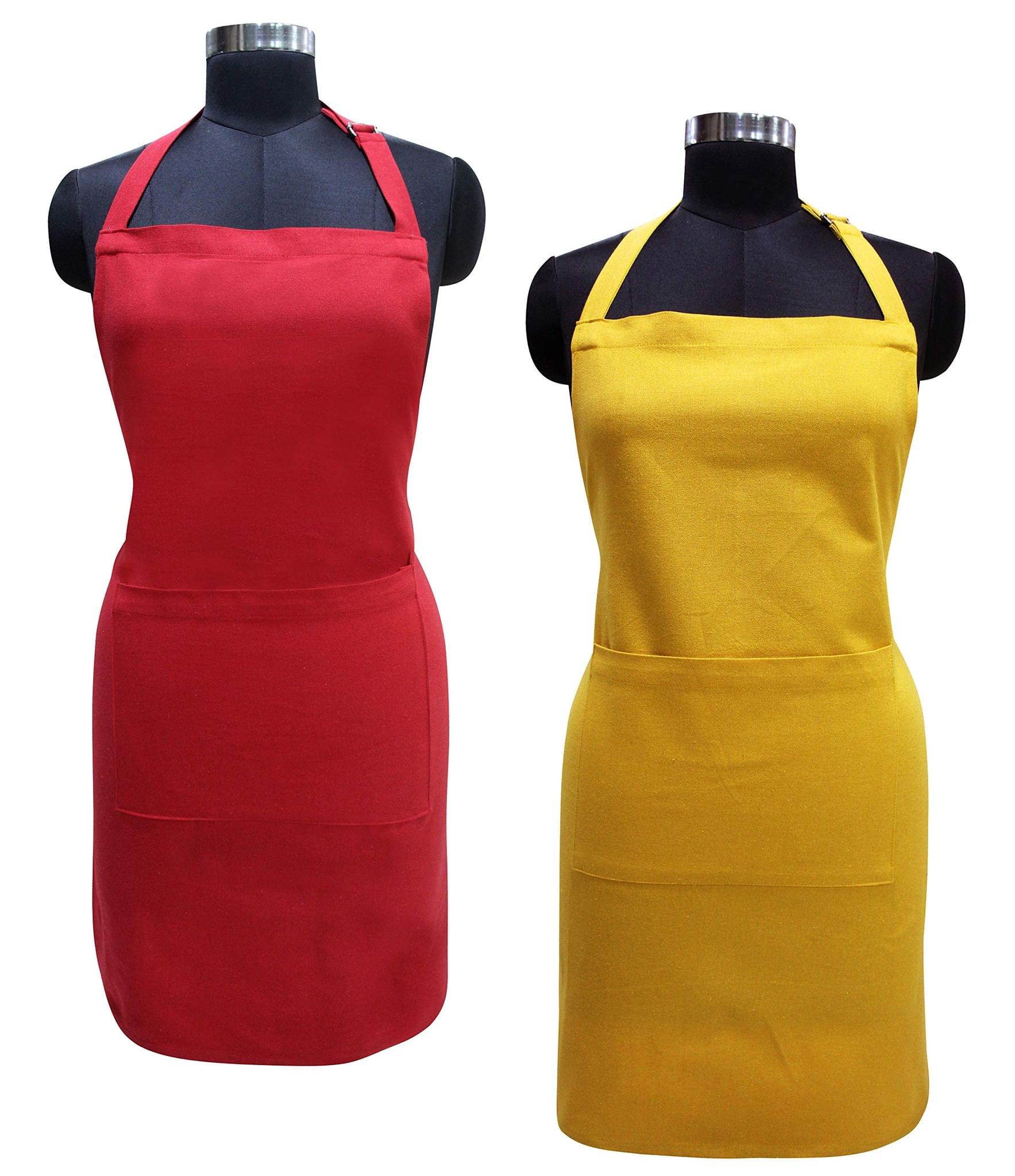 AIRWILL 100% Cotton Premium Quality Solid Pattern Free Sized Apron (Red,Yellow, Pack of 2)