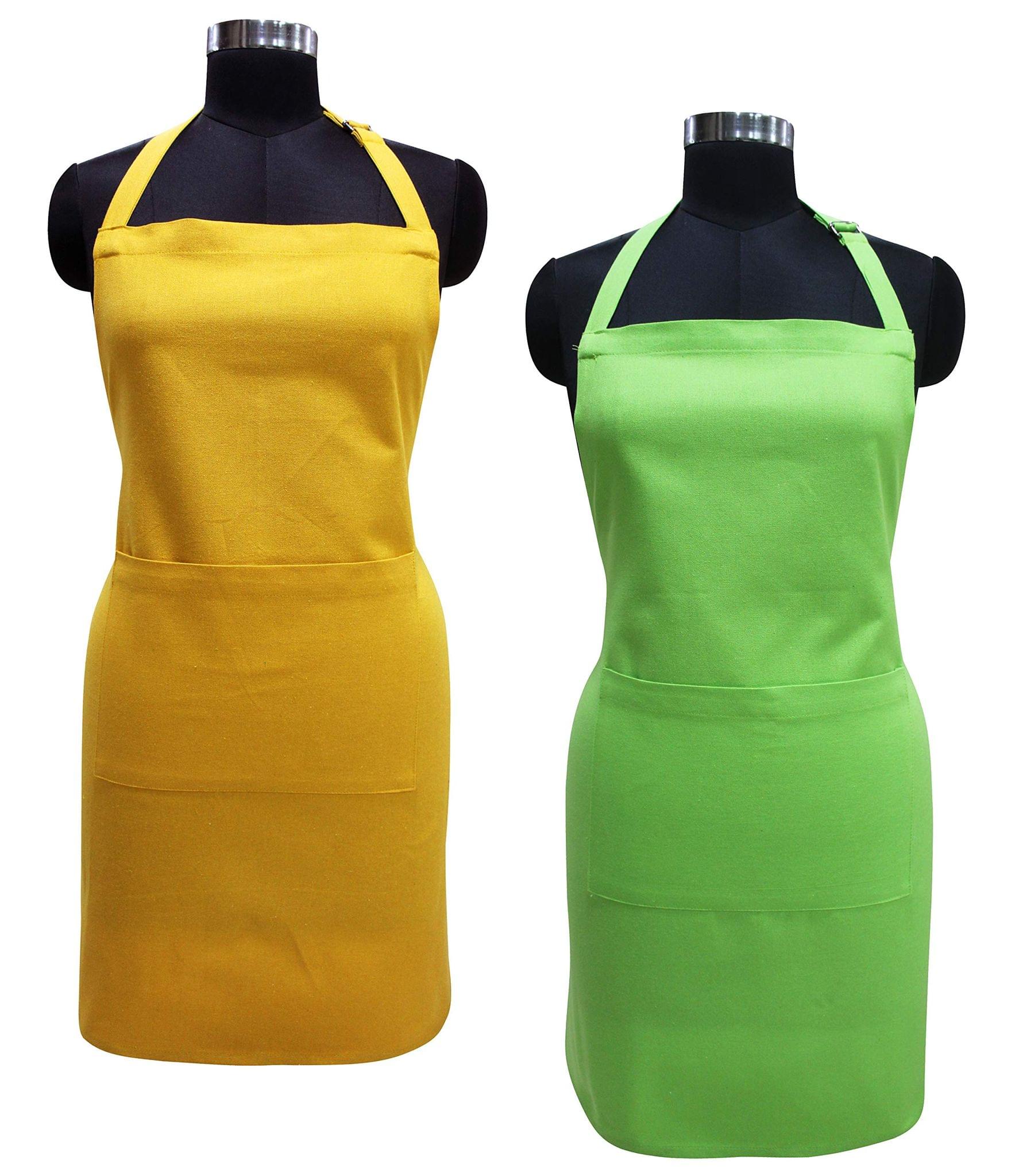AIRWILL 100% Cotton Premium Quality Solid Pattern Free Sized Apron (Yellow,Green, Pack of 2)