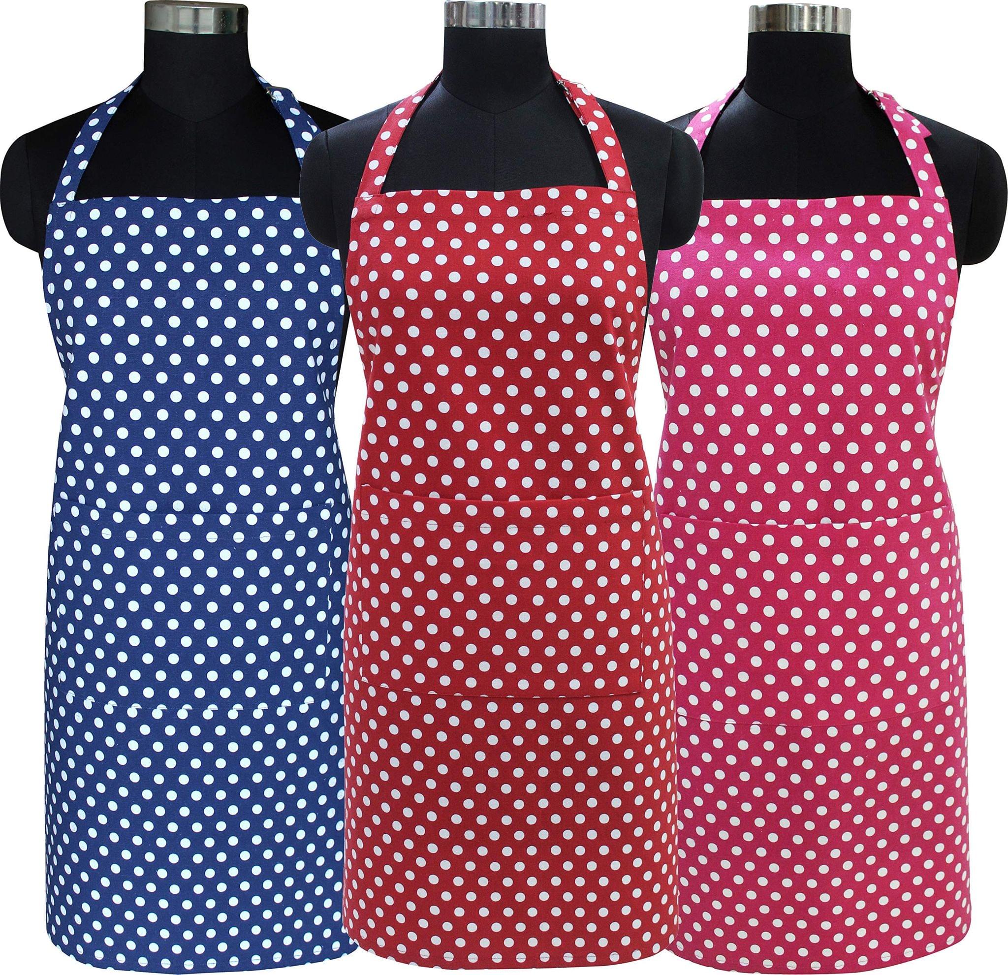 AIRWILL Cotton Pot Dot Pattern Free Size Apron with Center Pocket, Adjustable Buckle on Top and Long Straps (Red,Blue,Pink, Pack of 3)