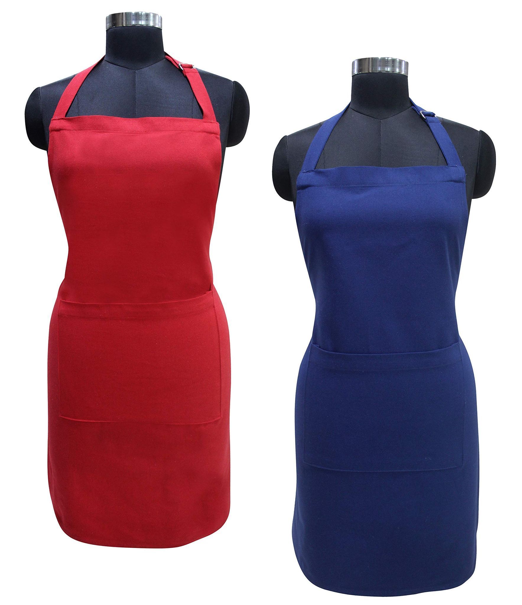 AIRWILL Cotton Plain Colored Solid Pattern Free Size Apron with Center Pocket, Adjustable Buckle on Top and Long Straps (Red,Blue, Pack of 2)