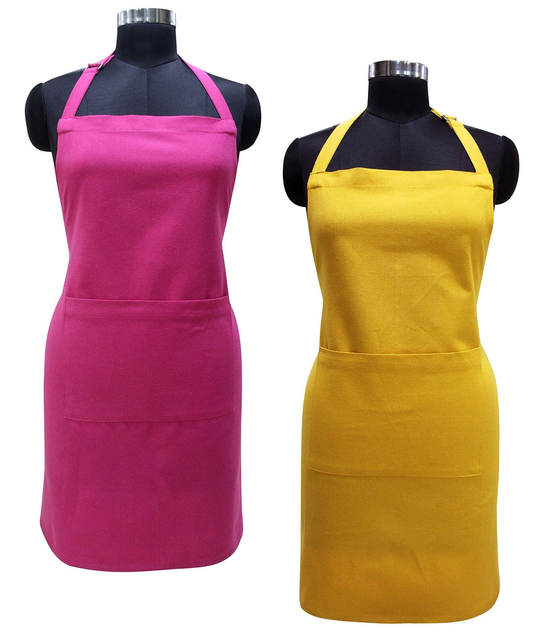 AIRWILL 100% Cotton Premium Quality Solid Pattern Free Sized Apron (Pink,Yellow, Pack of 2)