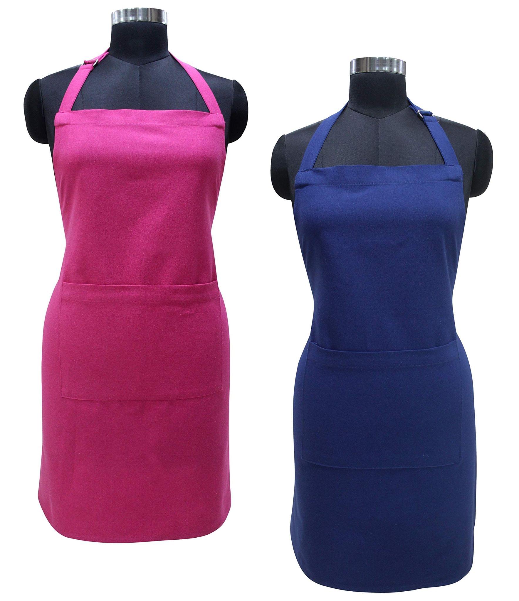 AIRWILL 100% Cotton Premium Quality Solid Pattern Free Sized Apron (Pink,Blue, Pack of 2)