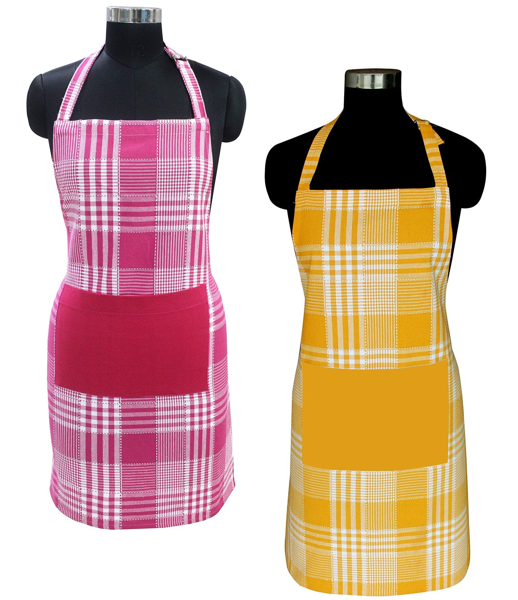 AIRWILL 100% Cotton Premium Quality Checkered Pattern Free Sized Apron (Pink,Yellow, Pack of 2)
