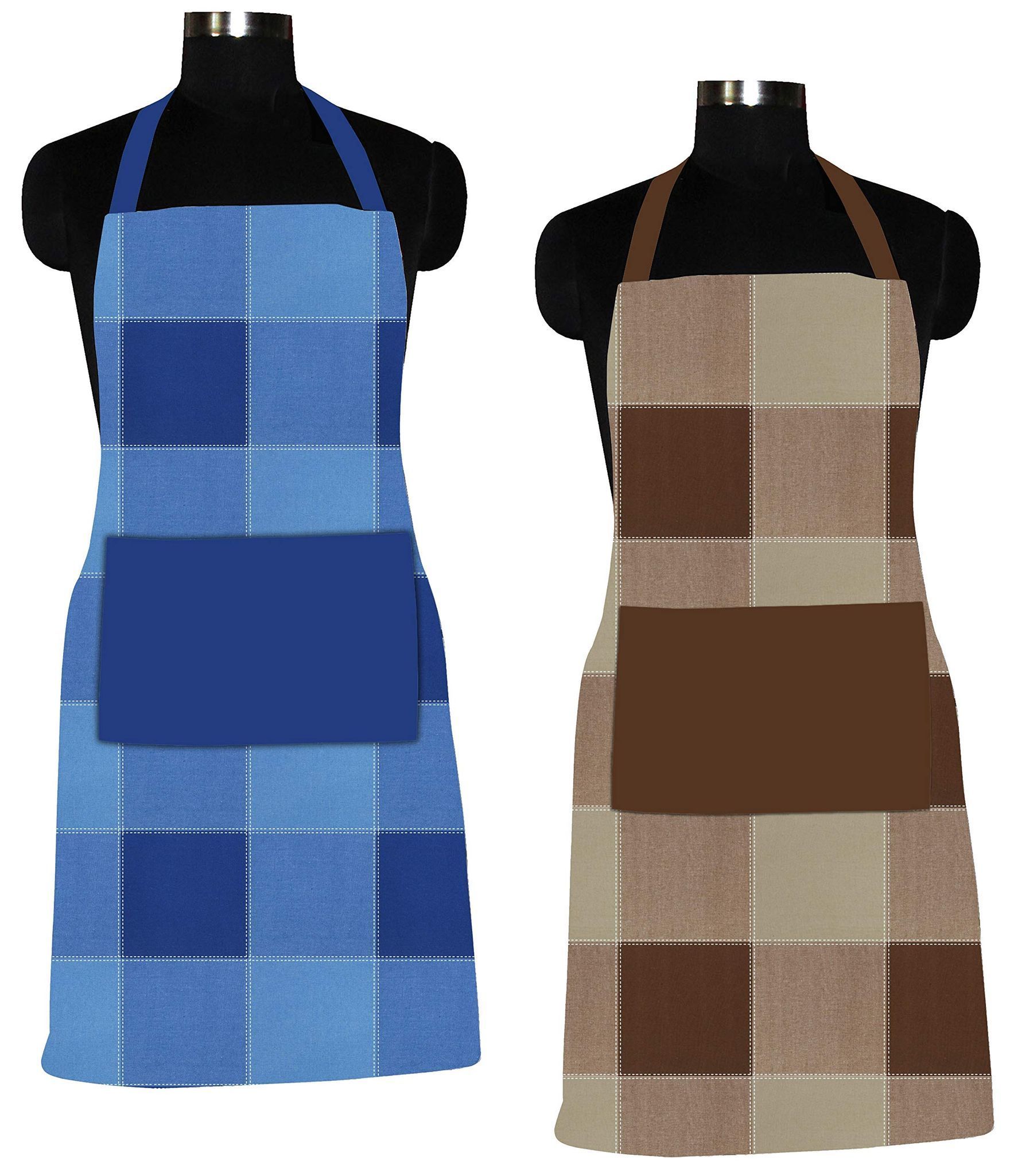 AIRWILL 100% Cotton Premium Quality Checkered Pattern Free Sized Apron (Blue,Brown, Pack of 2)