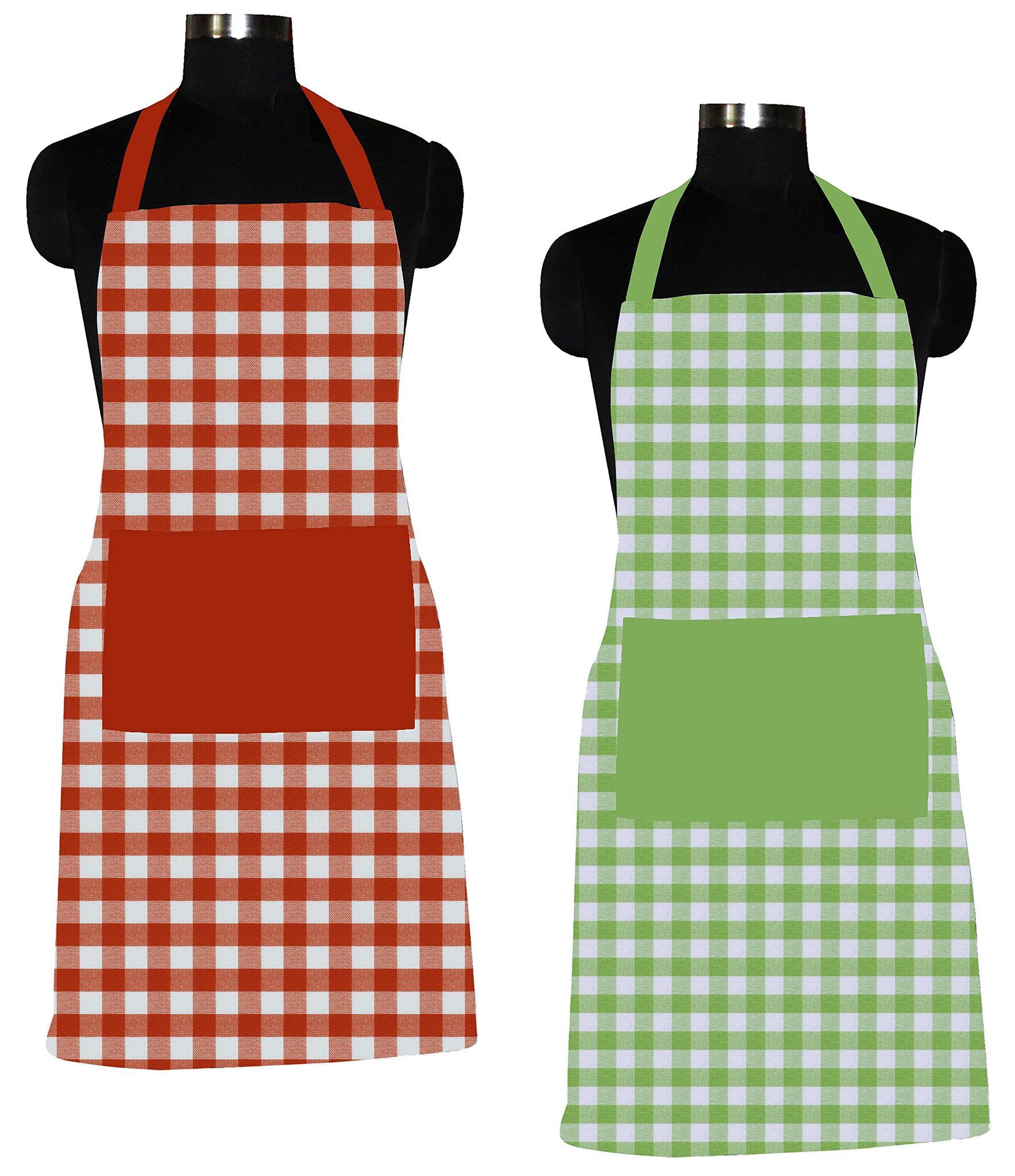 AIRWILL 100% Cotton Premium Quality Checkered Pattern Free Sized Apron (Orange,Green, Pack of 2)