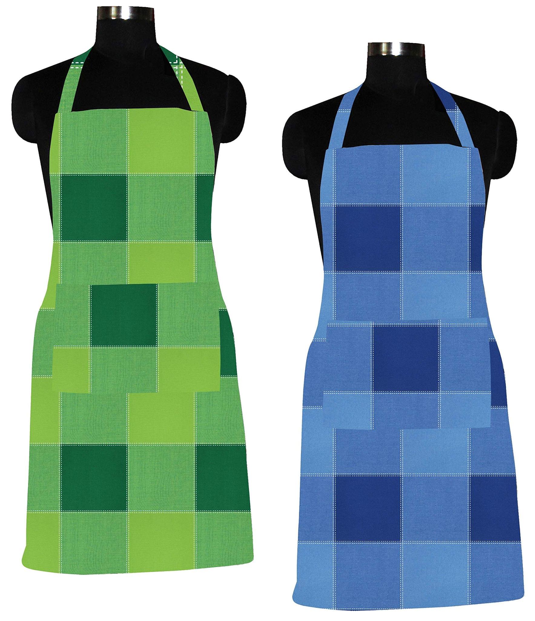 AIRWILL 100% Cotton Premium Quality Checkered Pattern Free Sized Apron (Green,Blue, Pack of 2)