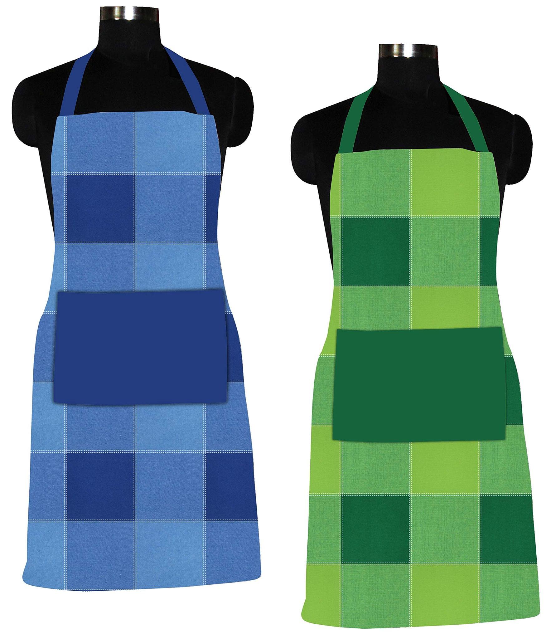 AIRWILL 100% Cotton Premium Quality Checkered Pattern Free Sized Apron (Blue,Green, Pack of 2)