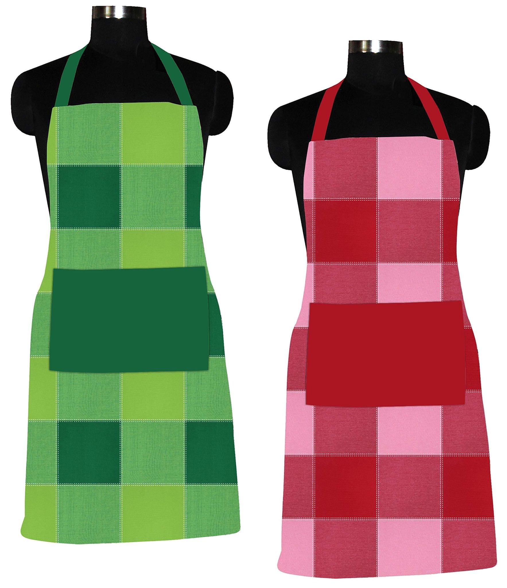 AIRWILL 100% Cotton Premium Quality Checkered Pattern Free Sized Apron (Green,Red, Pack of 2)