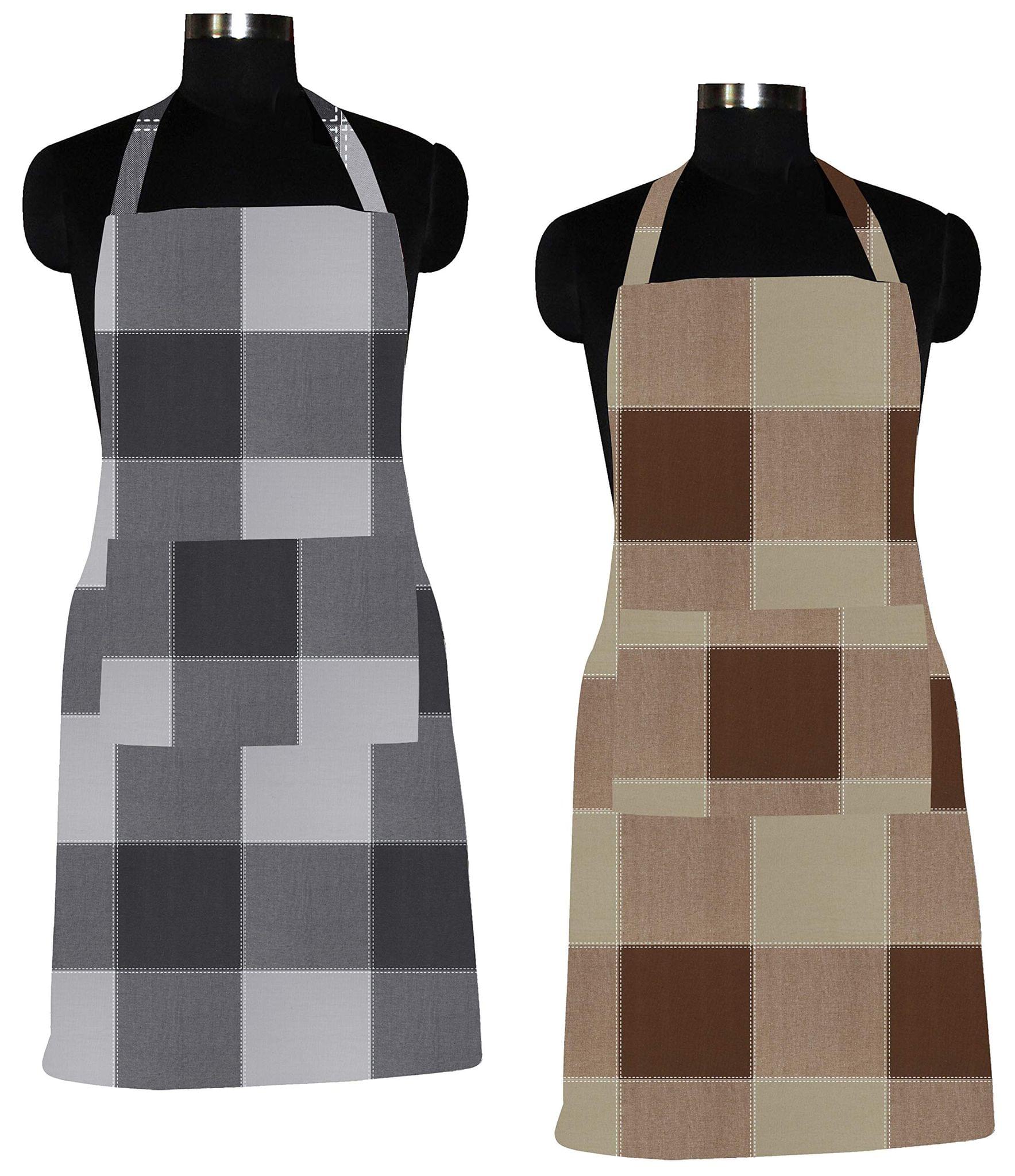 AIRWILL 100% Cotton Premium Quality Checkered Pattern Free Sized Apron (Black,Brown, Pack of 2)