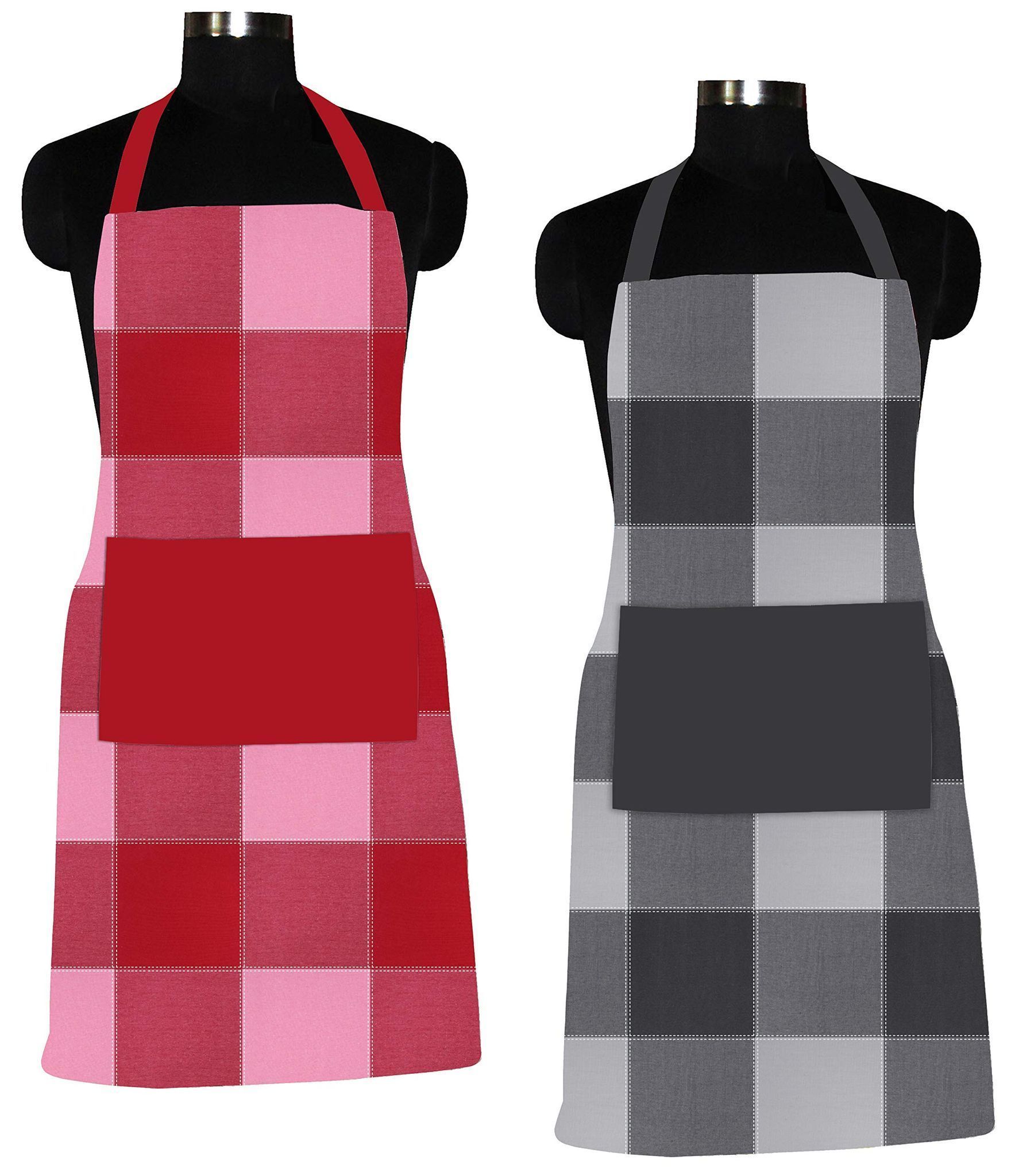 AIRWILL 100% Cotton Premium Quality Checkered Pattern Free Sized Apron (Red,Black, Pack of 2)