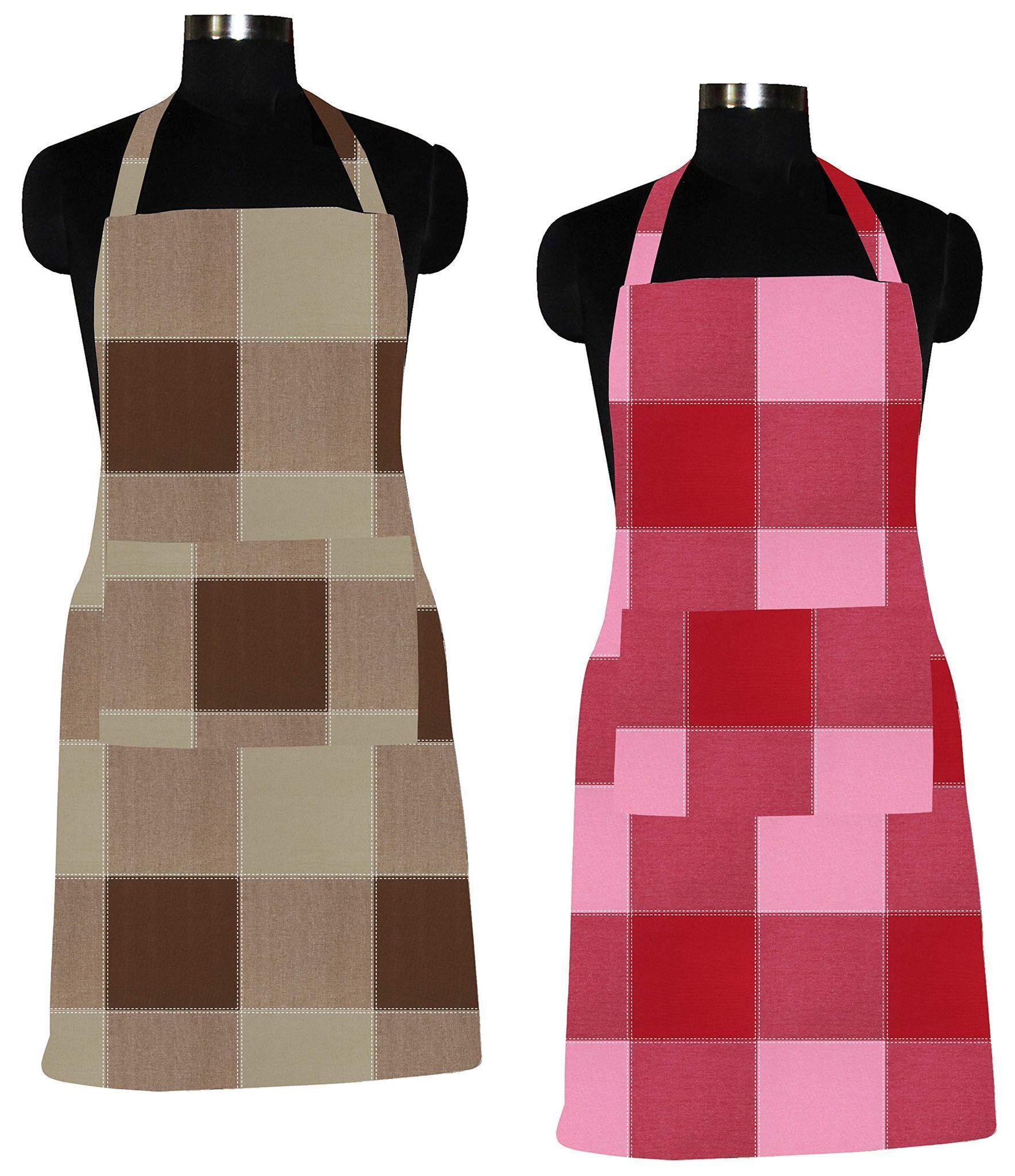 AIRWILL 100% Cotton Premium Quality Checkered Pattern Free Sized Apron (Brown,Red, Pack of 2)