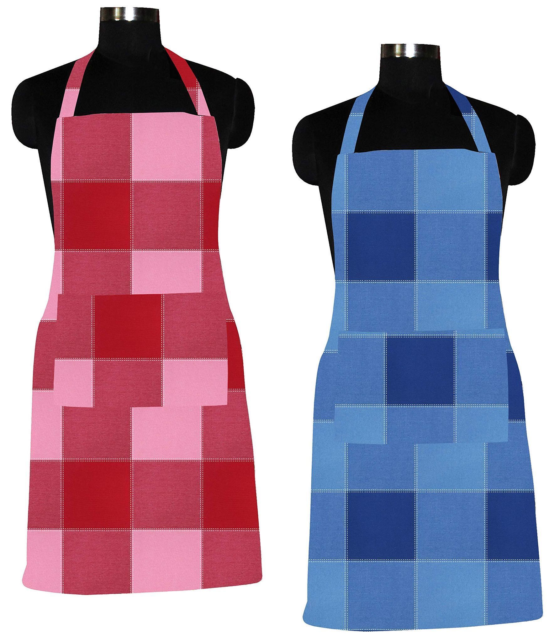 AIRWILL 100% Cotton Premium Quality Checkered Pattern Free Sized Apron (Red,Blue, Pack of 2)