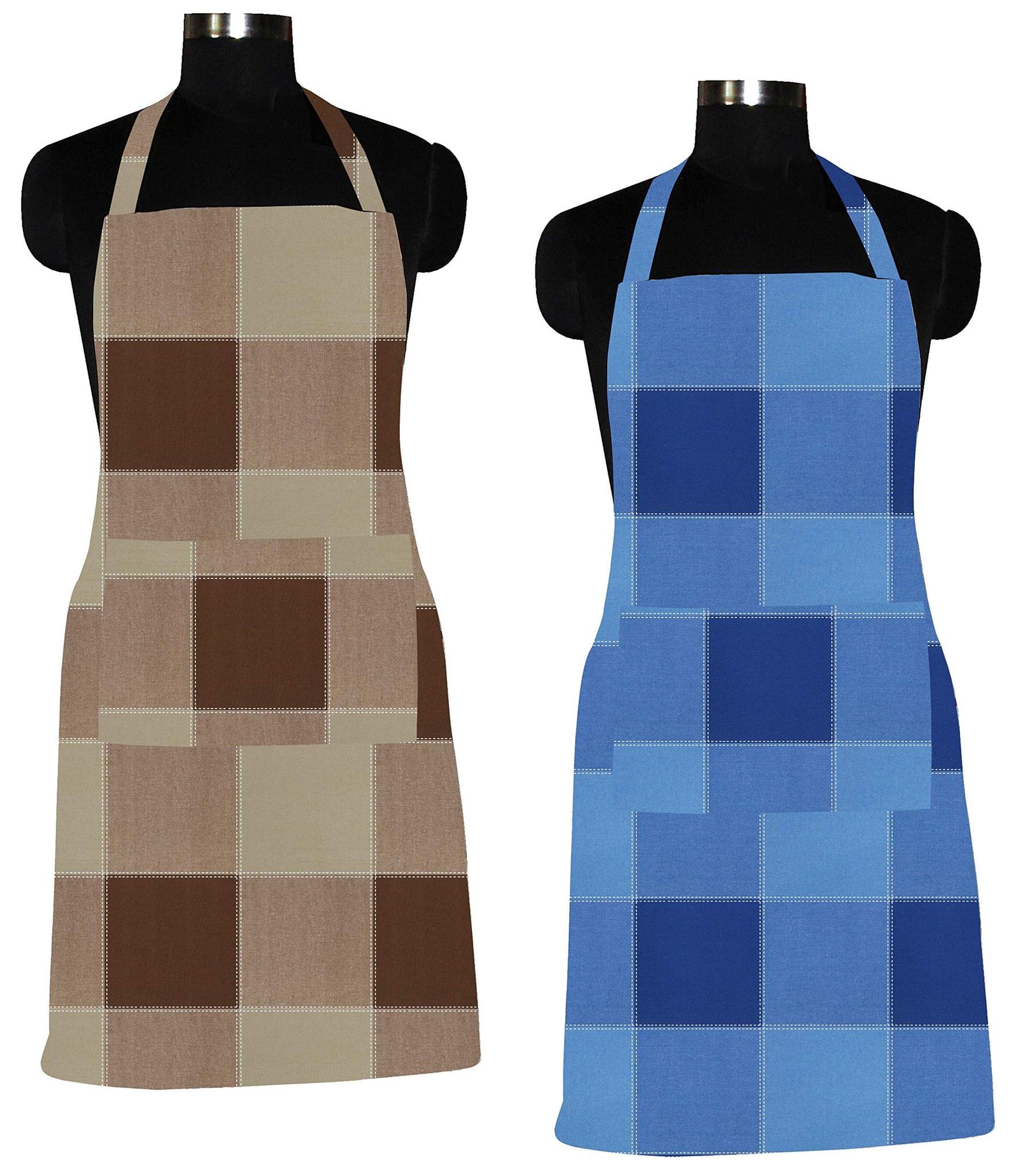 AIRWILL 100% Cotton Premium Quality Checkered Pattern Free Sized Apron (Brown,Blue, Pack of 2)
