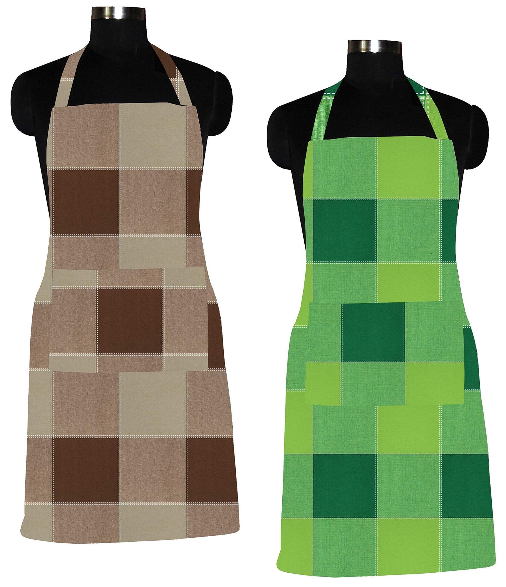 AIRWILL 100% Cotton Premium Quality Checkered Pattern Free Sized Apron (Brown,Green, Pack of 2)
