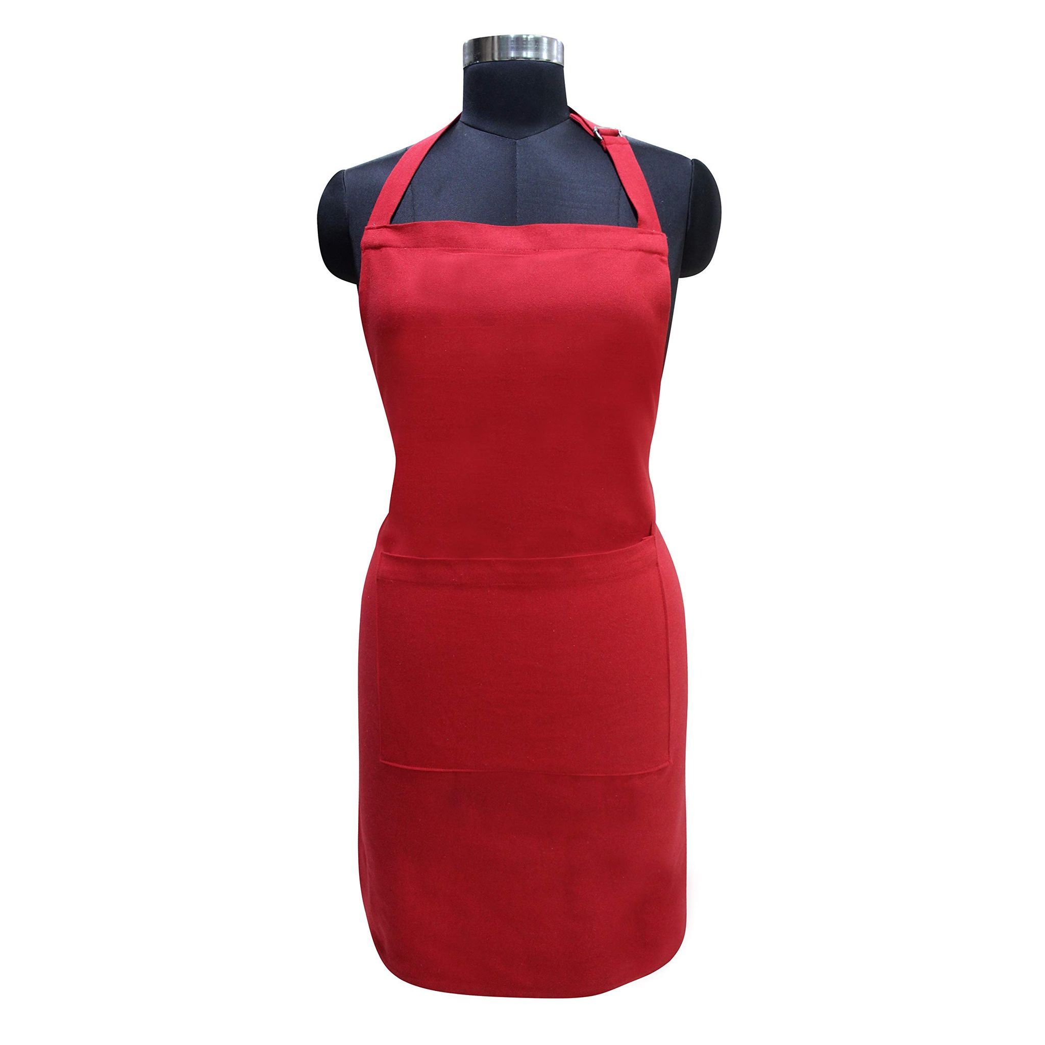 AIRWILL Cotton Plain Colored Solid Pattern Free Size Apron with Center Pocket, Adjustable Buckle on Top and Long Straps (Red, Pack of 1)