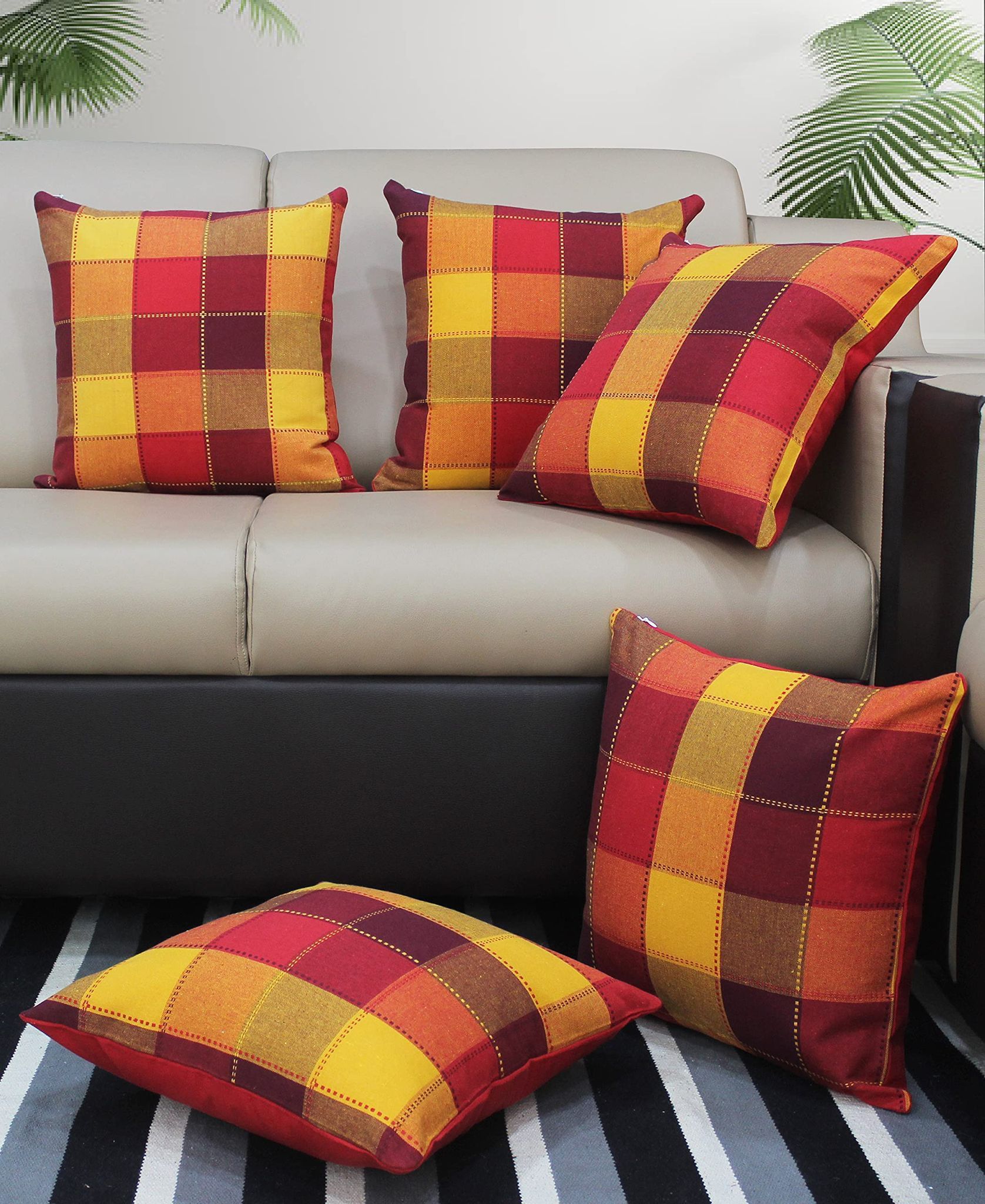 AIRWILL Cotton Dobby Red Themed Cushion Covers for Cushions & Pillows (Red & Yellow, Pack of 5)