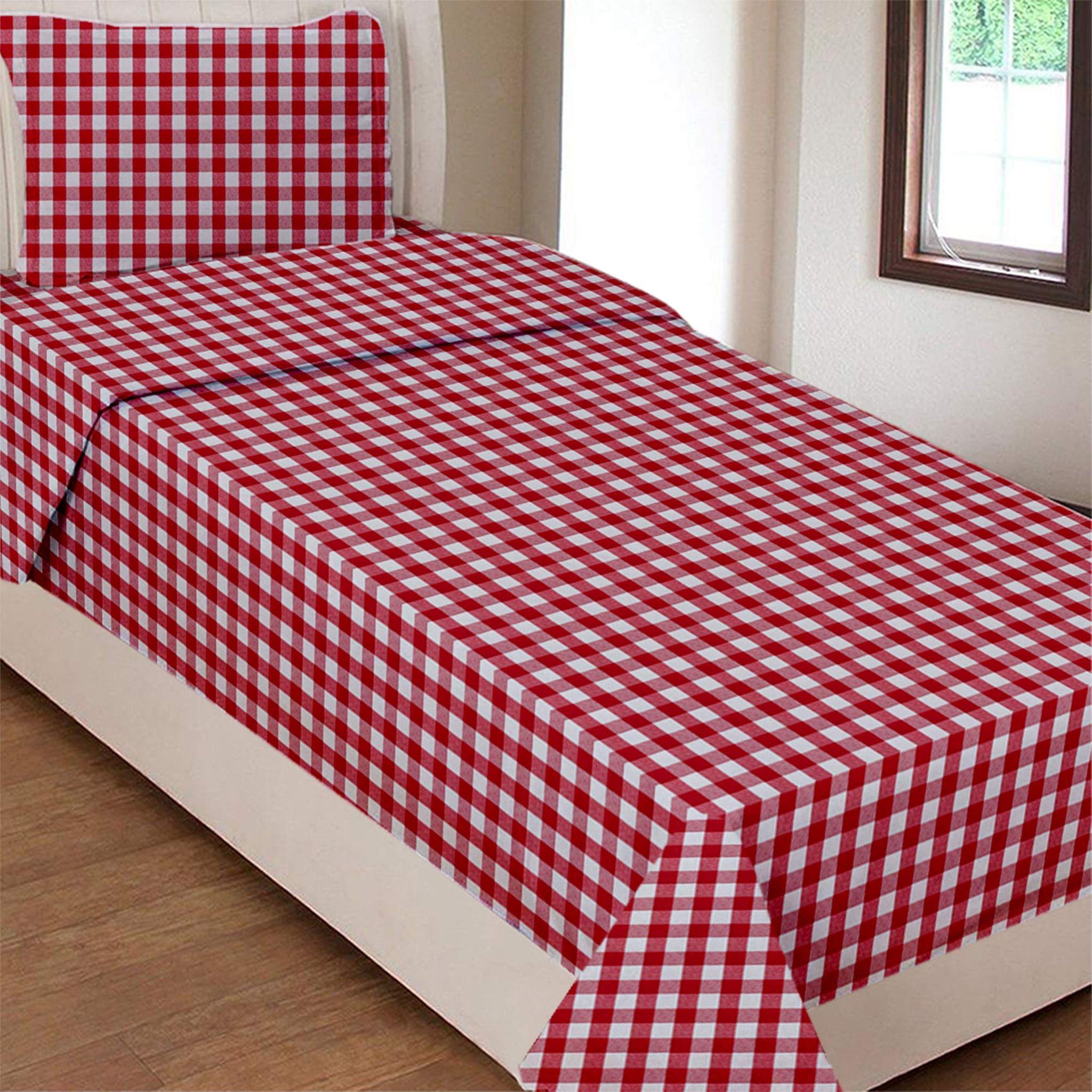 AIRWILL Cotton Gingham Checks 200 GSM Single Bedsheet with 1 Pillow Cover (Red, Pack of 1 Set)