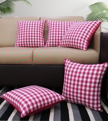 AIRWILL Cotton Gingham Check Pink Themed Cushion Covers for Cushions & Pillows (Pink & White, Pack of 5)