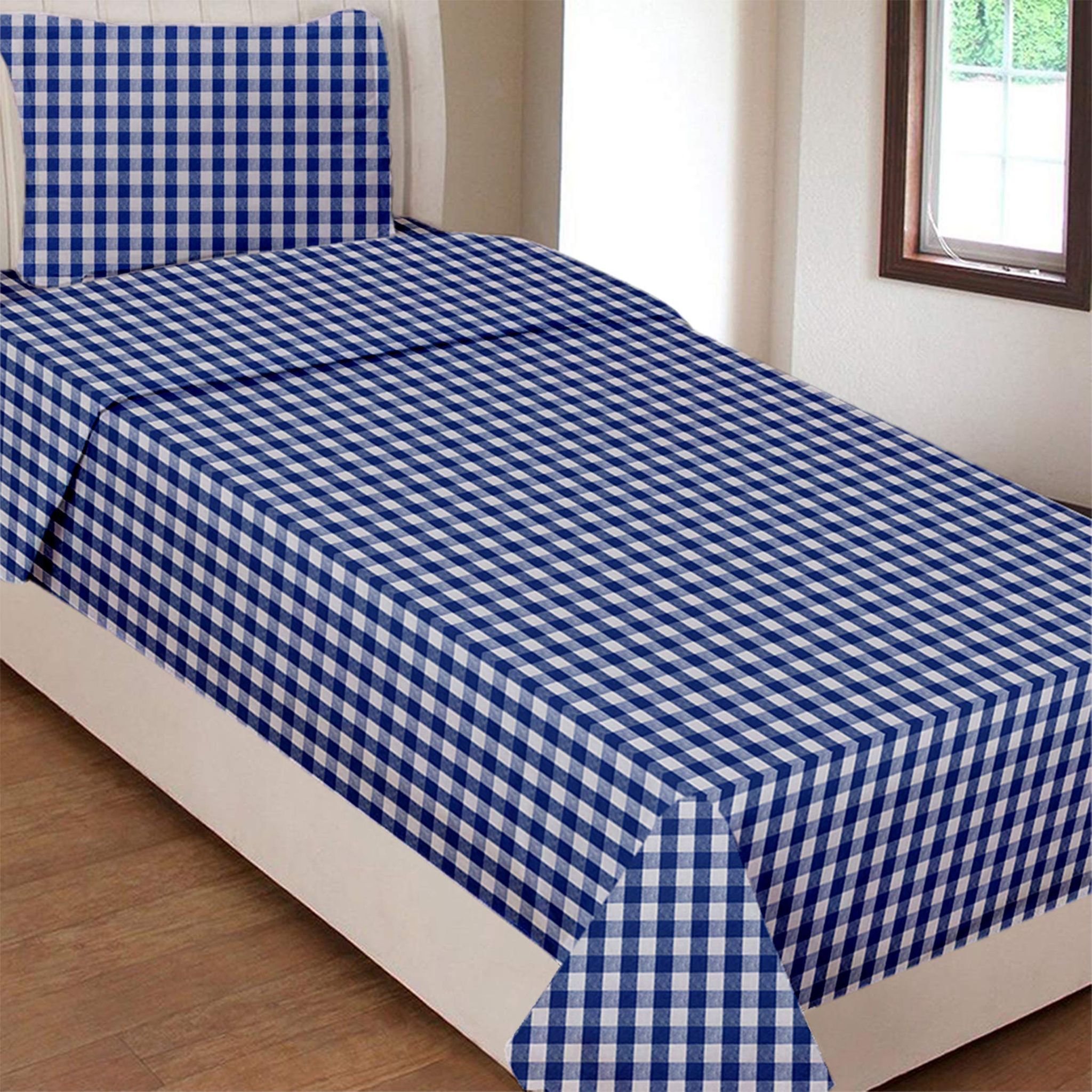 AIRWILL Cotton Gingham Checks 200 GSM Single Bedsheet with 1 Pillow Cover (Blue, Pack of 1 Set)