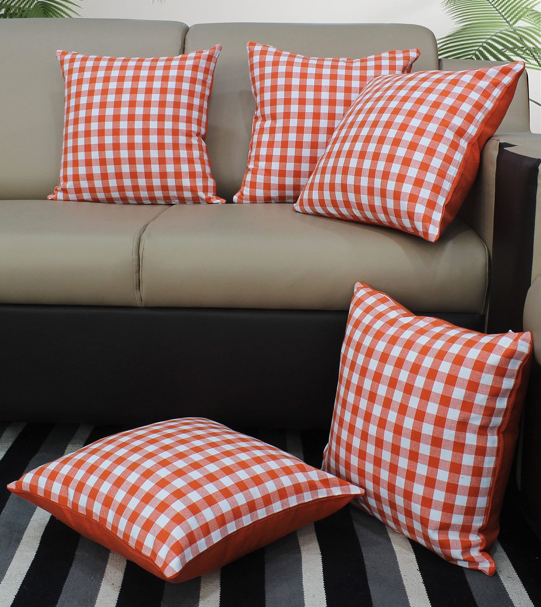 AIRWILL Cotton Gingham Check Orange Themed Cushion Covers for Cushions & Pillows (Orange & White, Pack of 5)