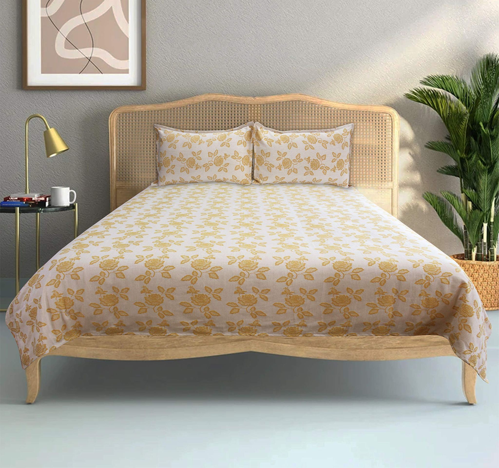 Airwill Premium Cotton 300TC Double Size Jacquard Weaved Pattern 90x100 inches Bed Sheets (Yellow, Pack of 1 Bedsheet & 2 Pillow Covers)