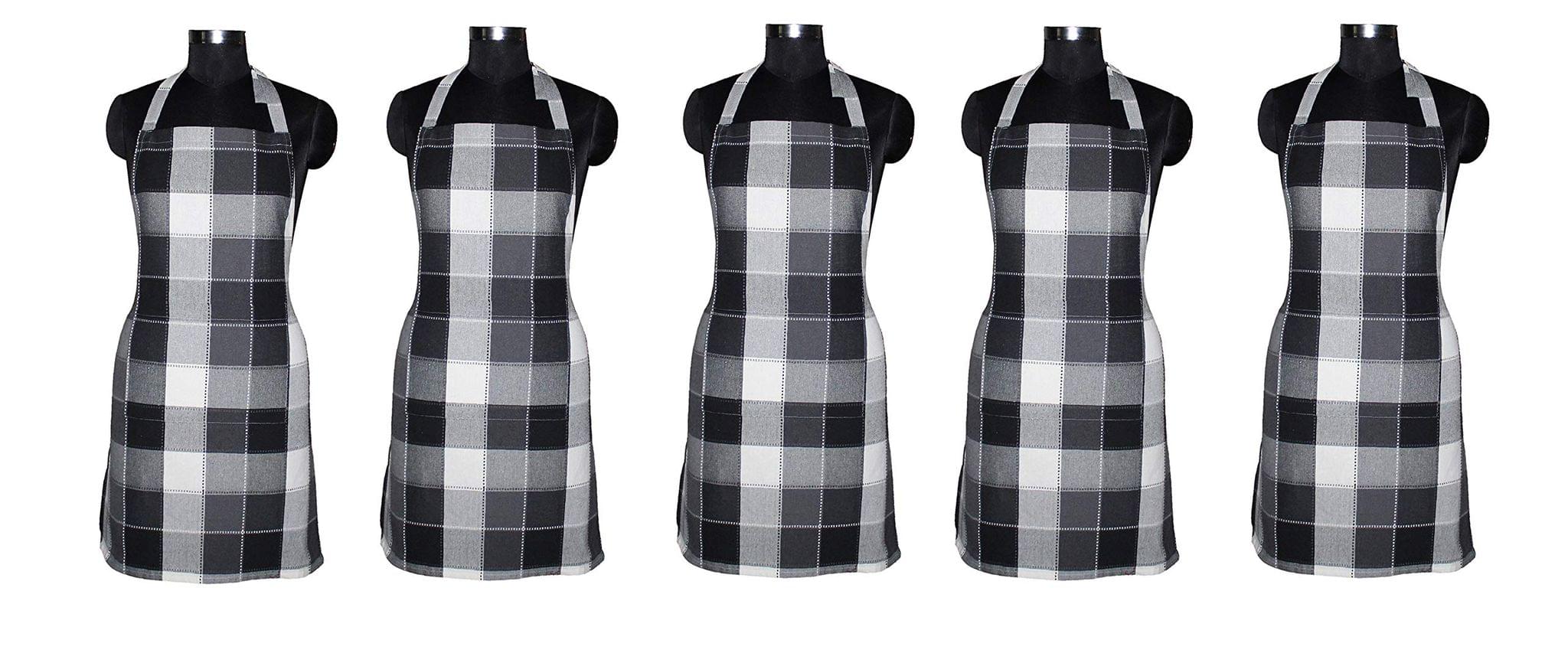 AIRWILL, 100% Cotton Yarn-dyed Designer Weaved Aprons, Sized 65cm in Width & 80cm in Length with 1 Center Pocket, Adjustable Buckle on Top and 2 Long Ties On Both 2 Sides. Pack of 5 Pieces