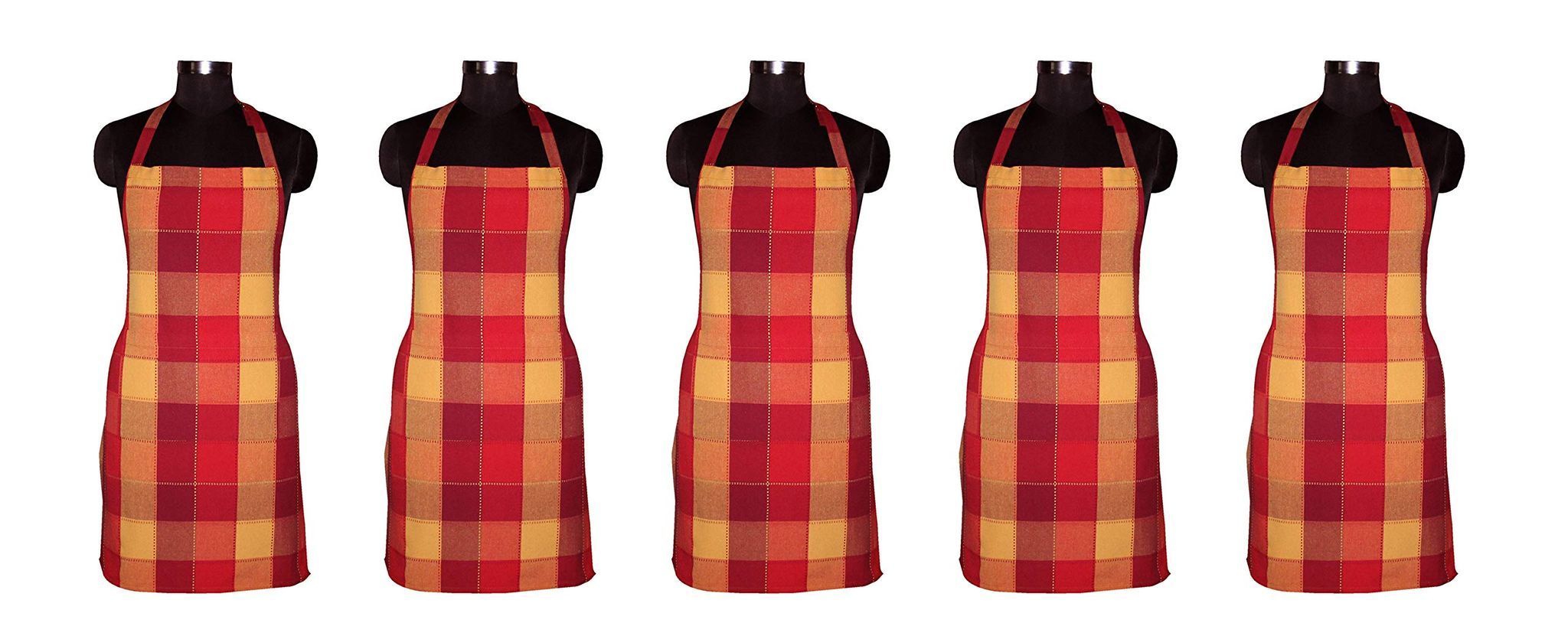AIRWILL, 100% Cotton Yarn-dyed Designer Weaved Aprons, Sized 65cm in Width & 80cm in Length with 1 Center Pocket, Adjustable Buckle on Top and 2 Long Ties On Both 2 Sides. Pack of 5 Pieces