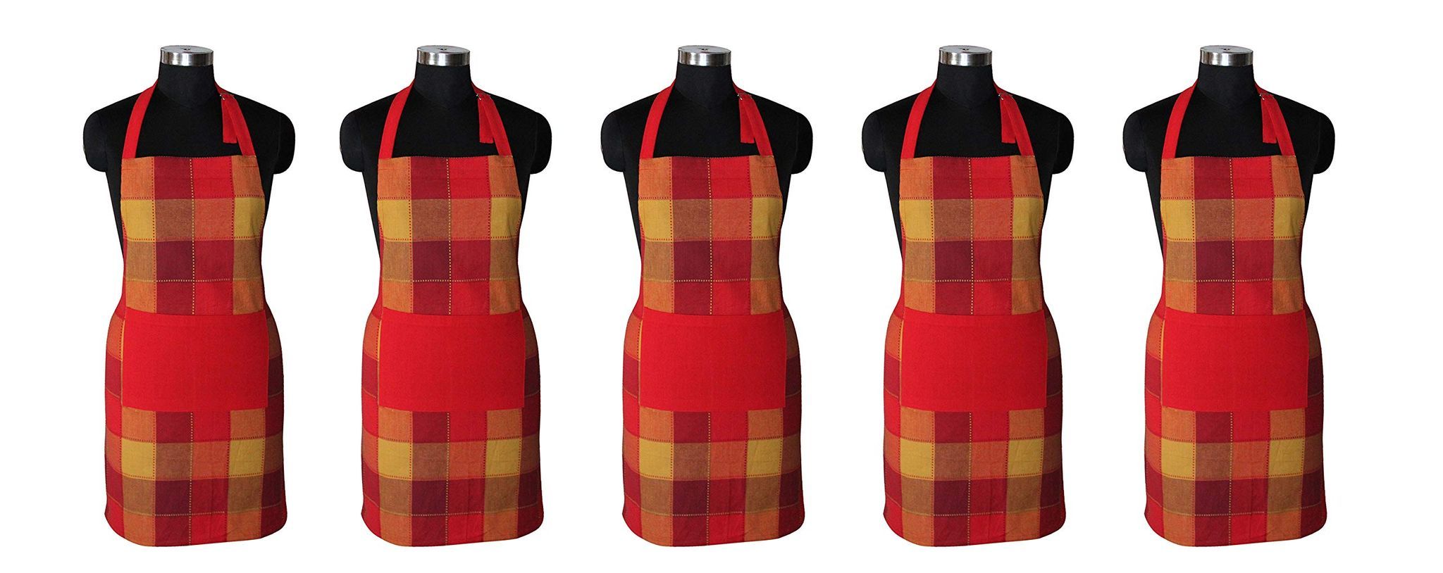 AIRWILL, 100% Cotton Yarn-dyed Designer Weaved Aprons, Sized 65cm in Width & 80cm in Length with 1 Center Pocket, Adjustable Buckle on Top and 2 Long Ties On Both 2 Sides. Pack of 5 Pieces