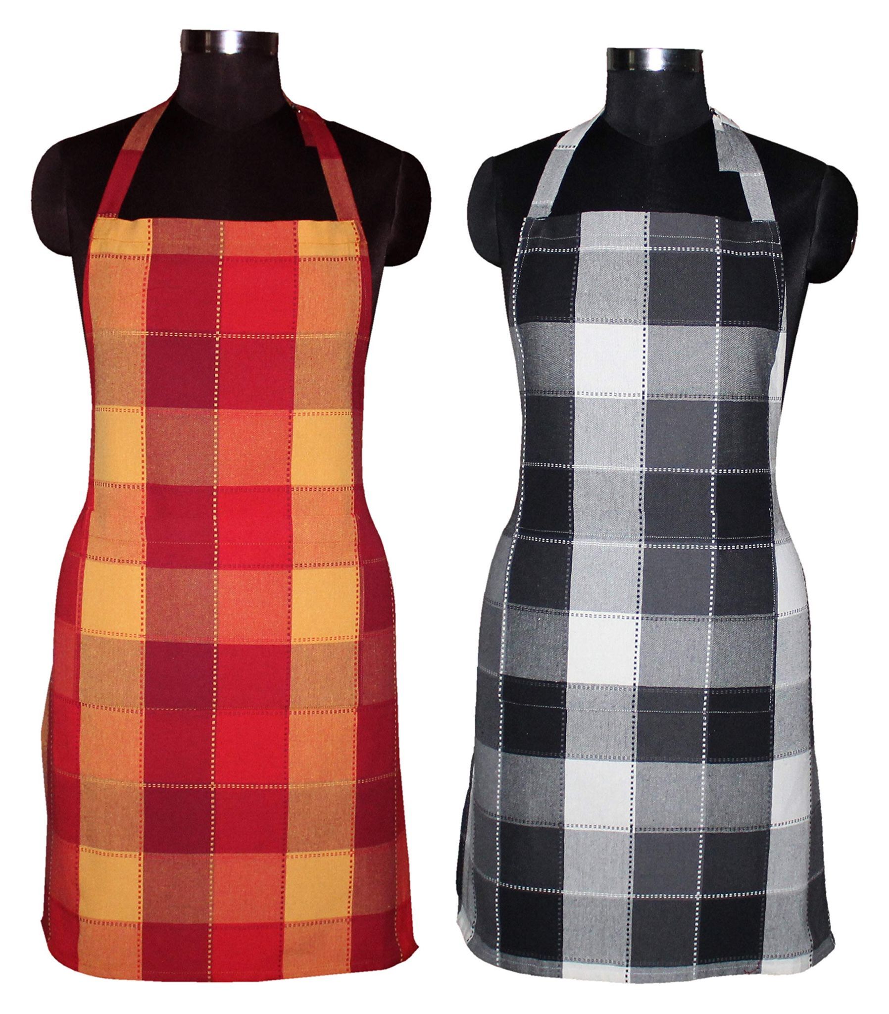 AIRWILL, 100% Cotton Yarn-dyed Designer Weaved Aprons, Sized 65cm in Width & 80cm in Length with 1 Center Pocket, Adjustable Buckle on Top and 2 Long Ties On Both 2 Sides. Pack of 2 Pieces