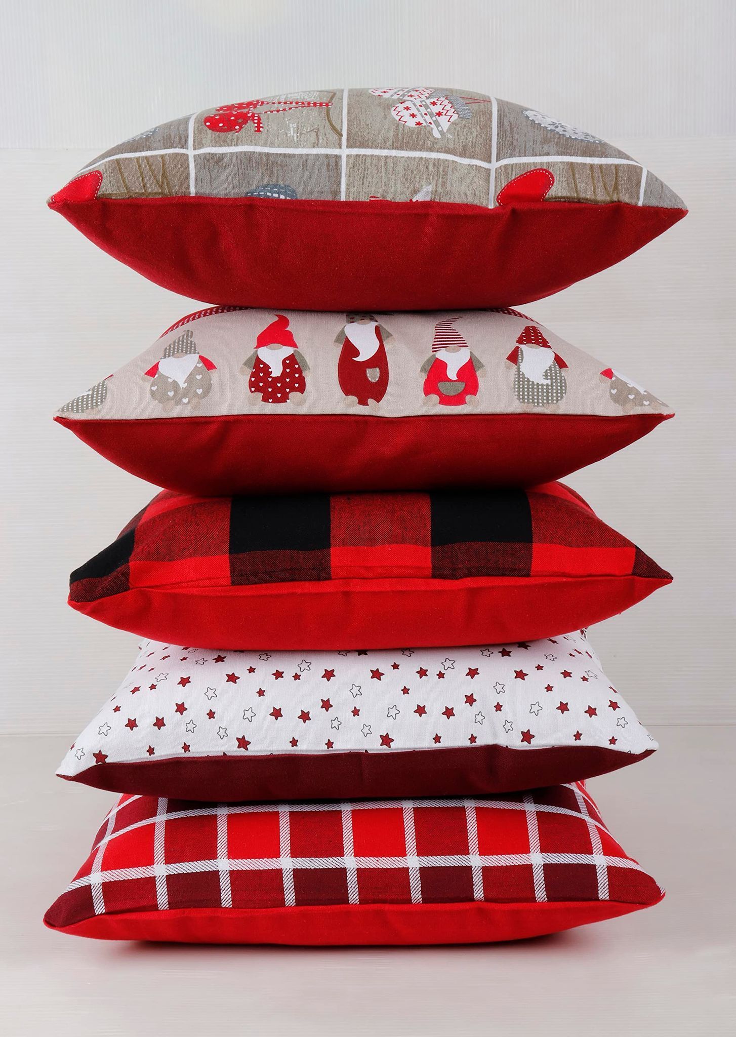 AIRWILL Cotton Christmas Decorative Checks and Printed Designs Cushion Covers 16x16 inches-Square (Pack 5 pcs)