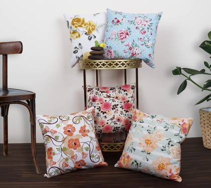 AIRWILL Cotton Decorative Floral Cushion Pillow Covers (Pack-5, Multi)