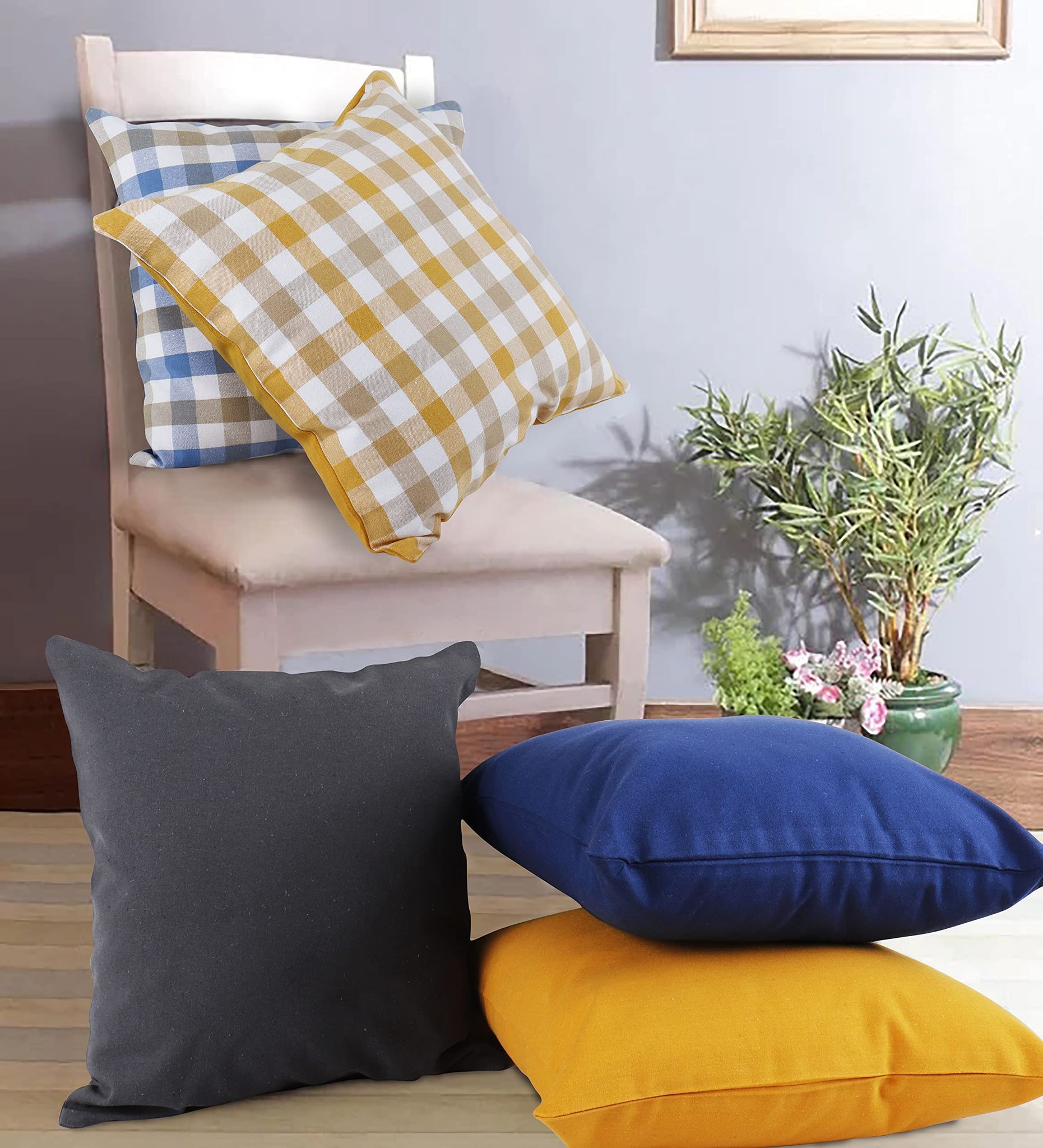 AIRWILL Cotton Decorative Cushion Pillow Covers (Checkered, Pack-5, Multi)