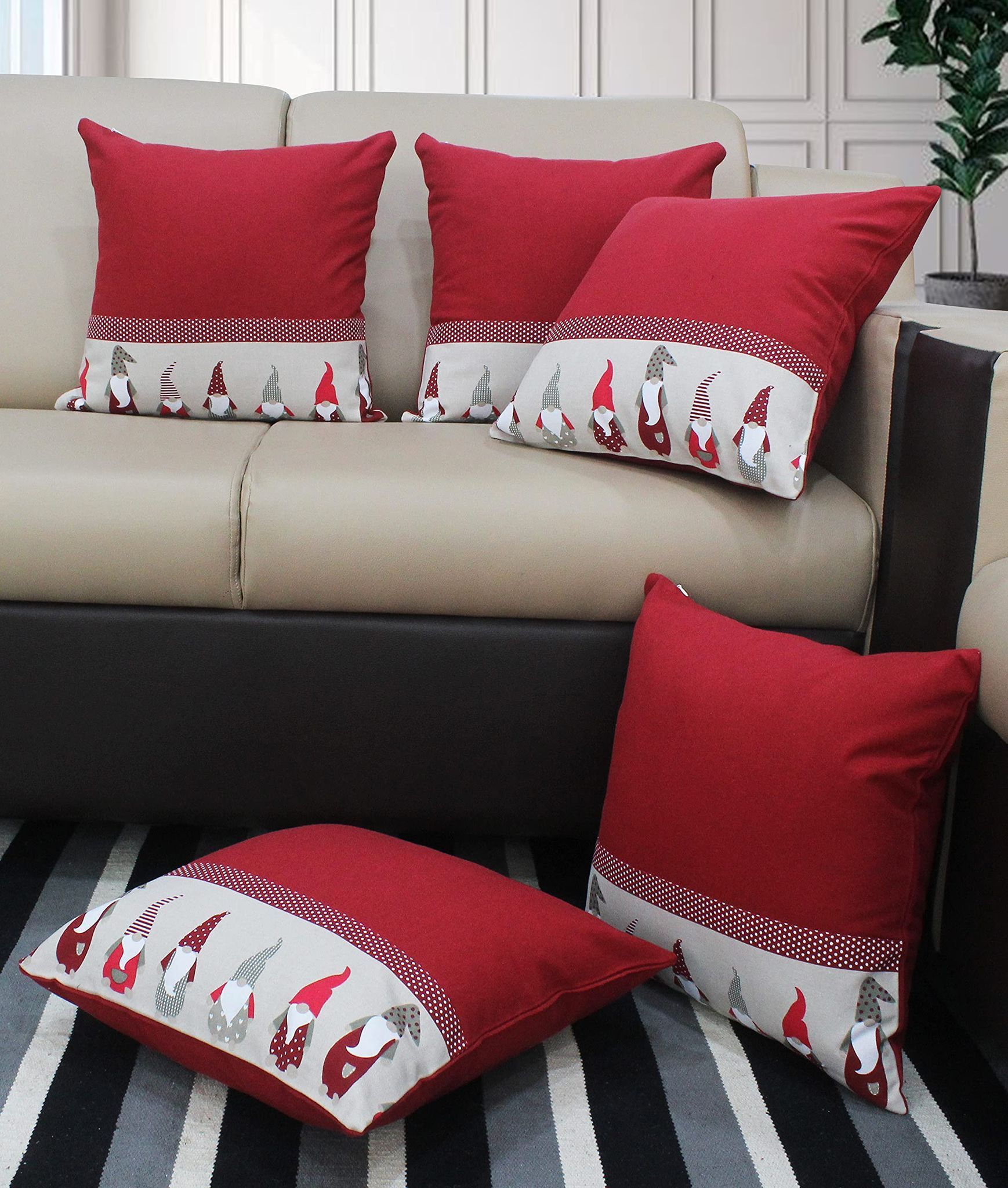 AIRWILL Cotton Genoma Broder Themed Cushion Covers for Cushions & Pillows (Red & Beige, Pack of 5)