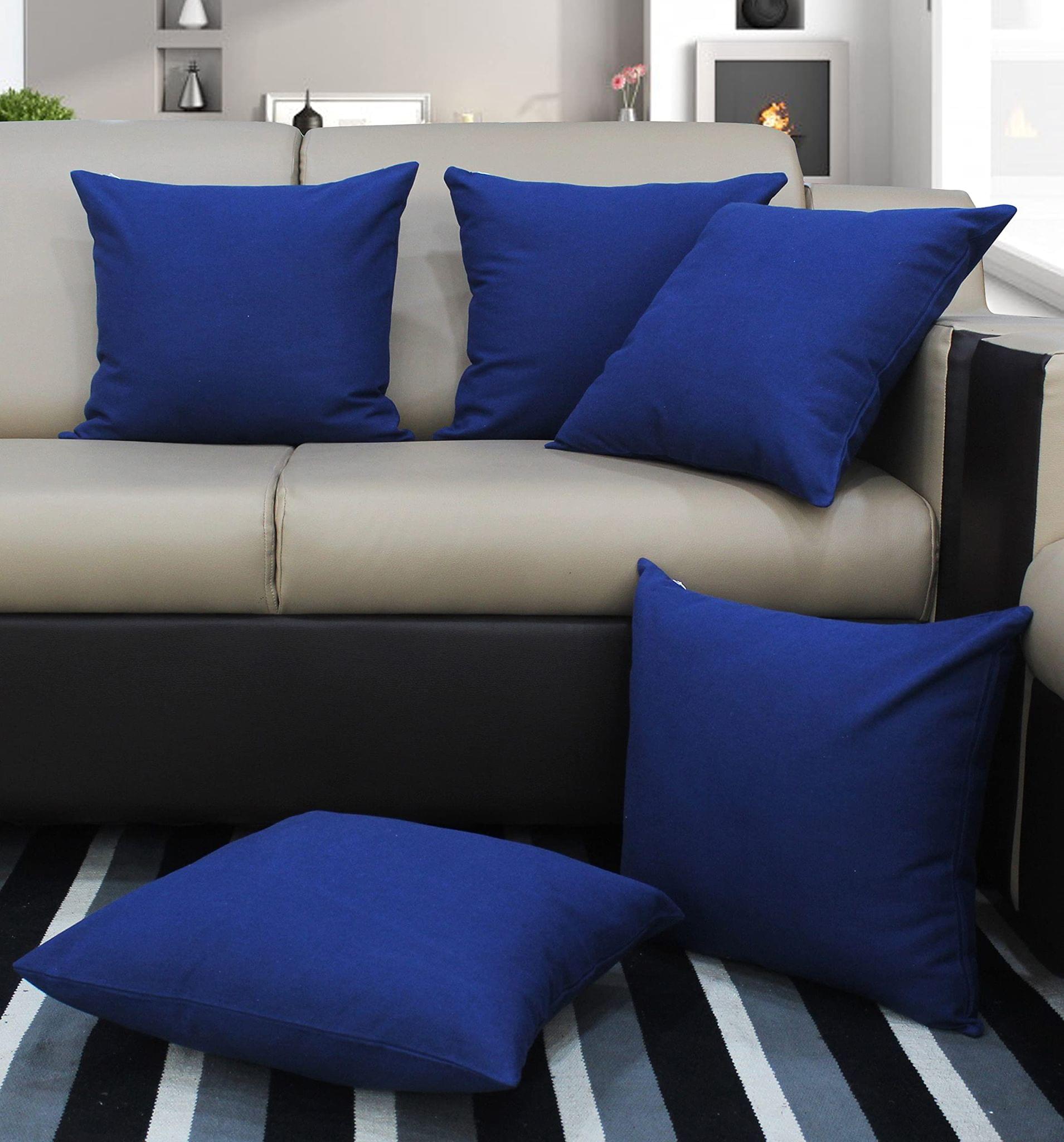 AIRWILL Cotton Plain I Blue Themed Cushion Covers for Cushions & Pillows (Blue, Pack of 5)