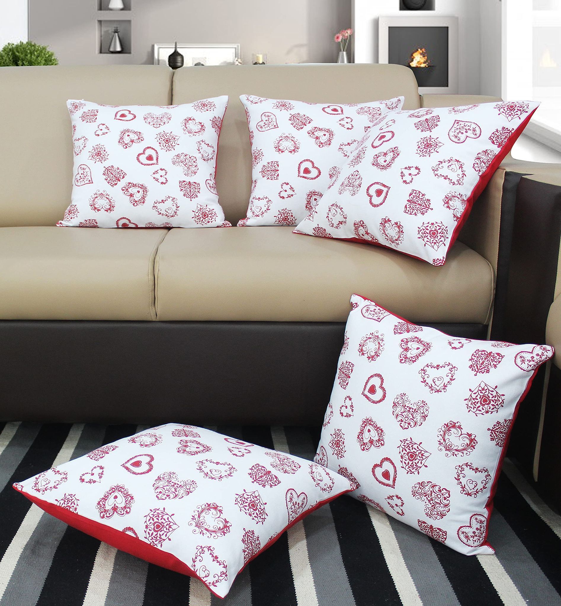 AIRWILL Cotton Red Heart Themed Cushion Covers for Cushions & Pillows (Red & White, Pack of 5)