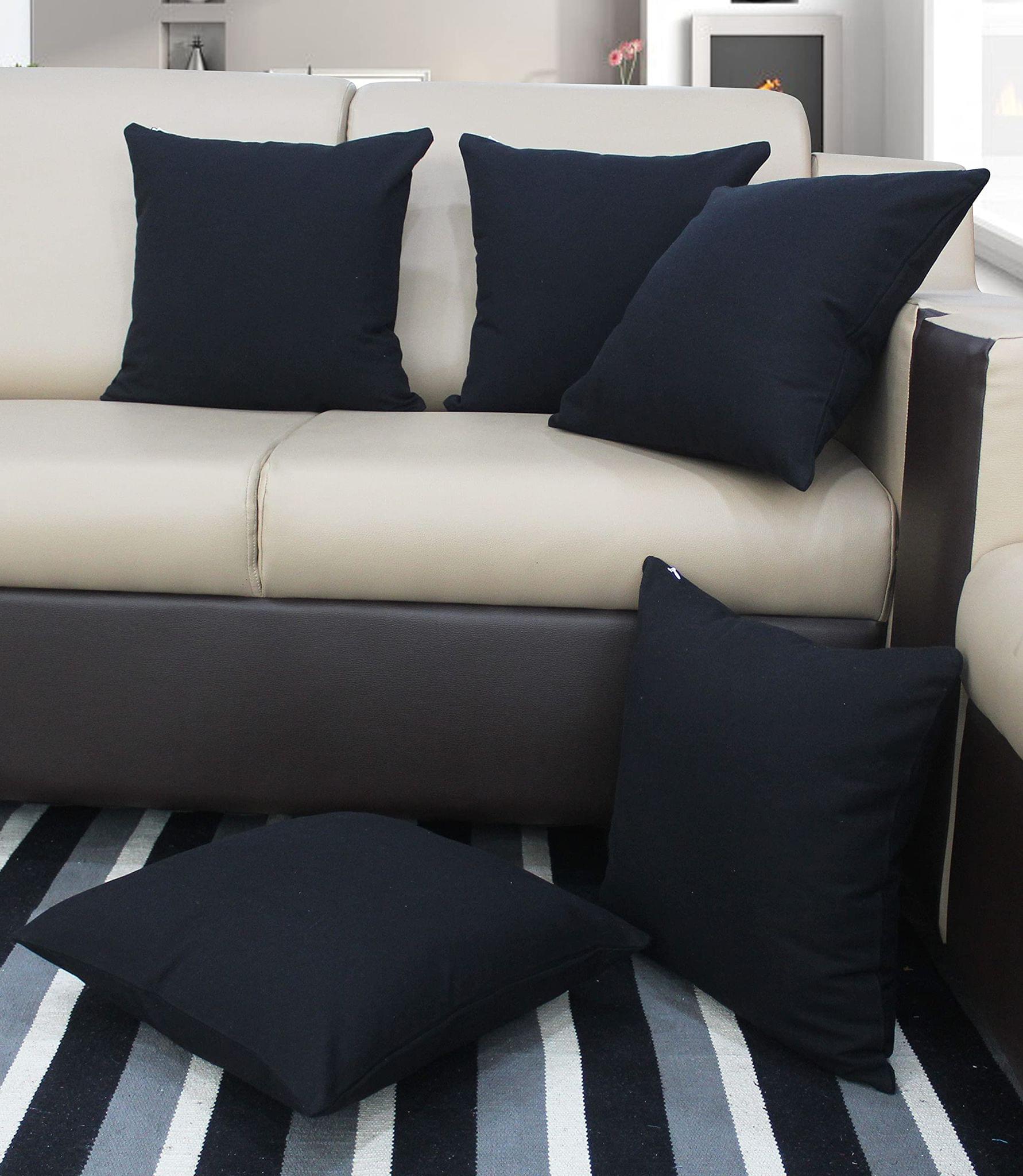AIRWILL Cotton Plain Black Themed Cushion Covers for Cushions & Pillows (Black, Pack of 5)