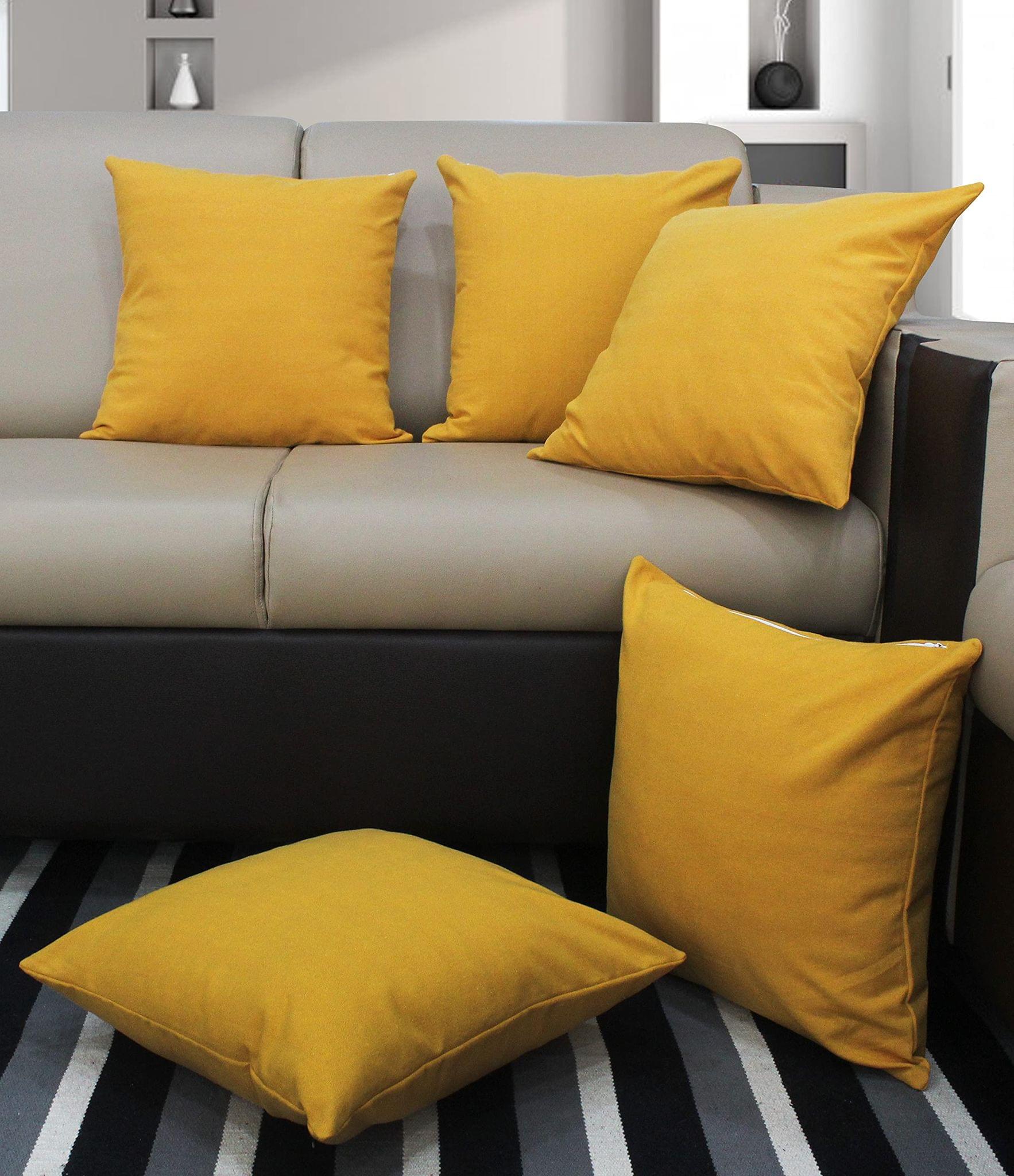 AIRWILL Cotton Plain Yellow Themed Cushion Covers for Cushions & Pillows (Yellow, Pack of 5)