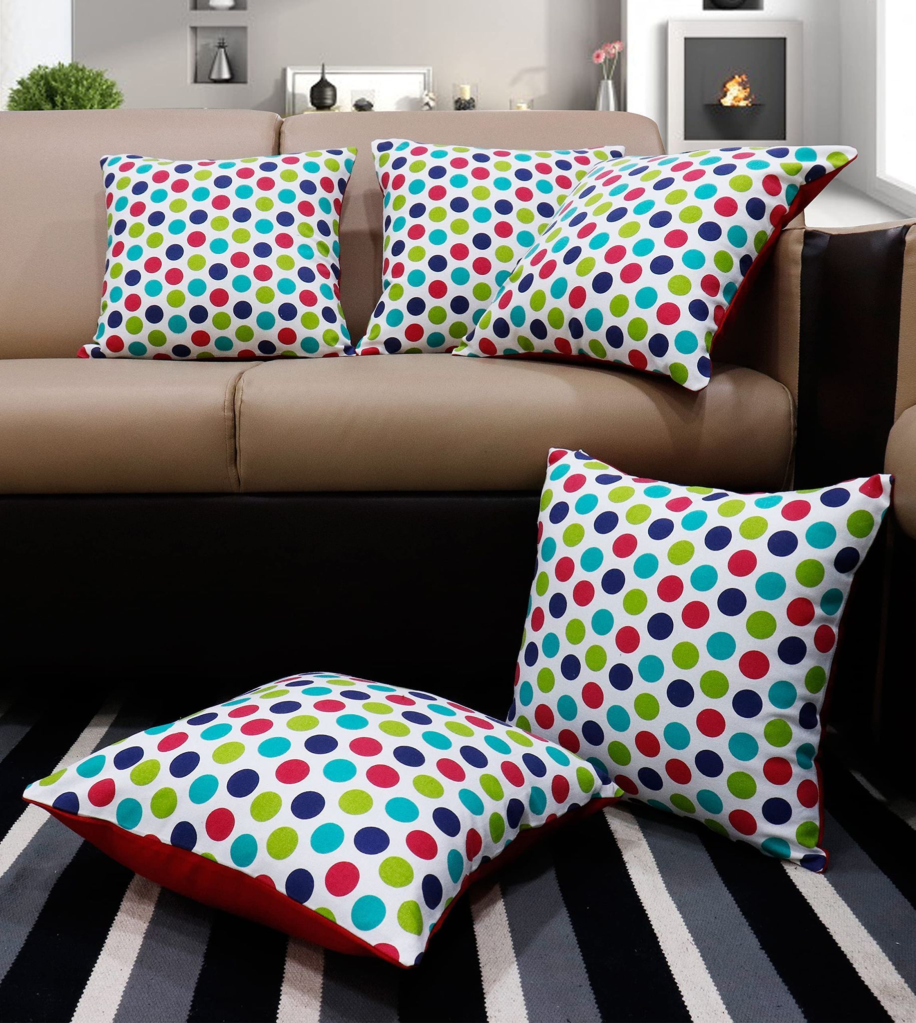 AIRWILL Cotton Singer Dot Themed Cushion Covers for Cushions & Pillows (Blue & Green, Pack of 5)