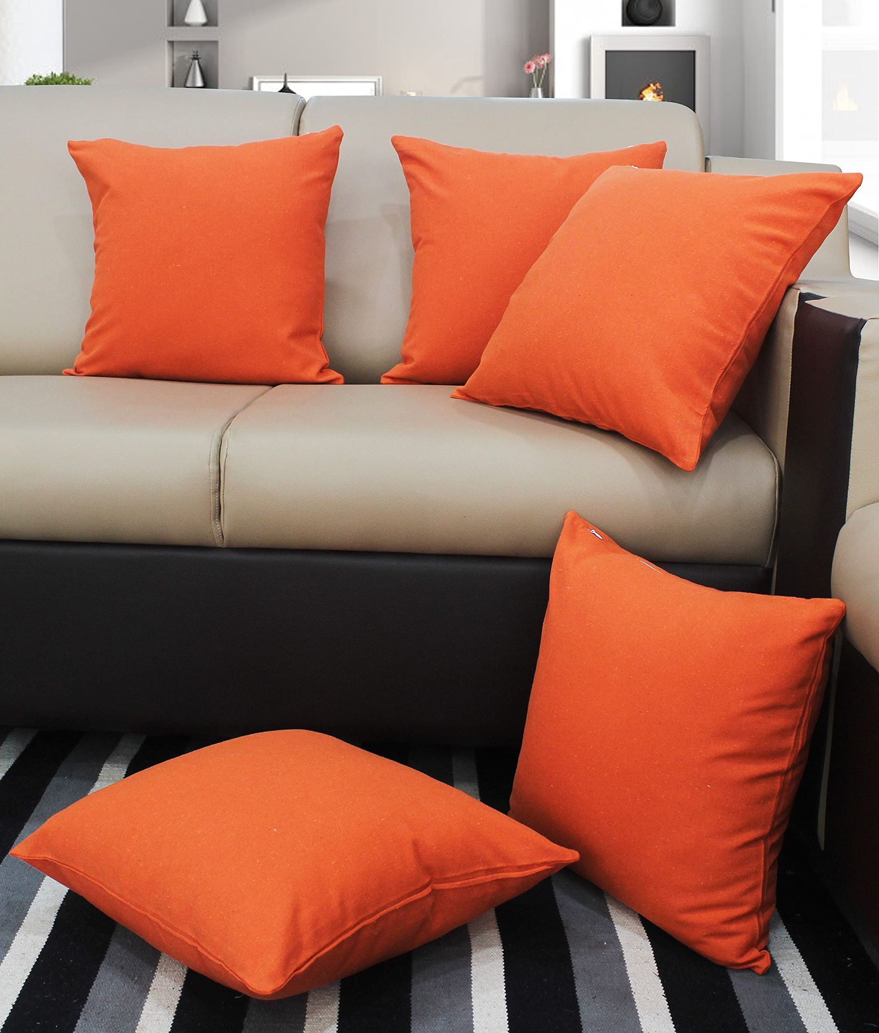 AIRWILL Cotton Plain Orange Themed Cushion Covers for Cushions & Pillows (Orange, Pack of 5)