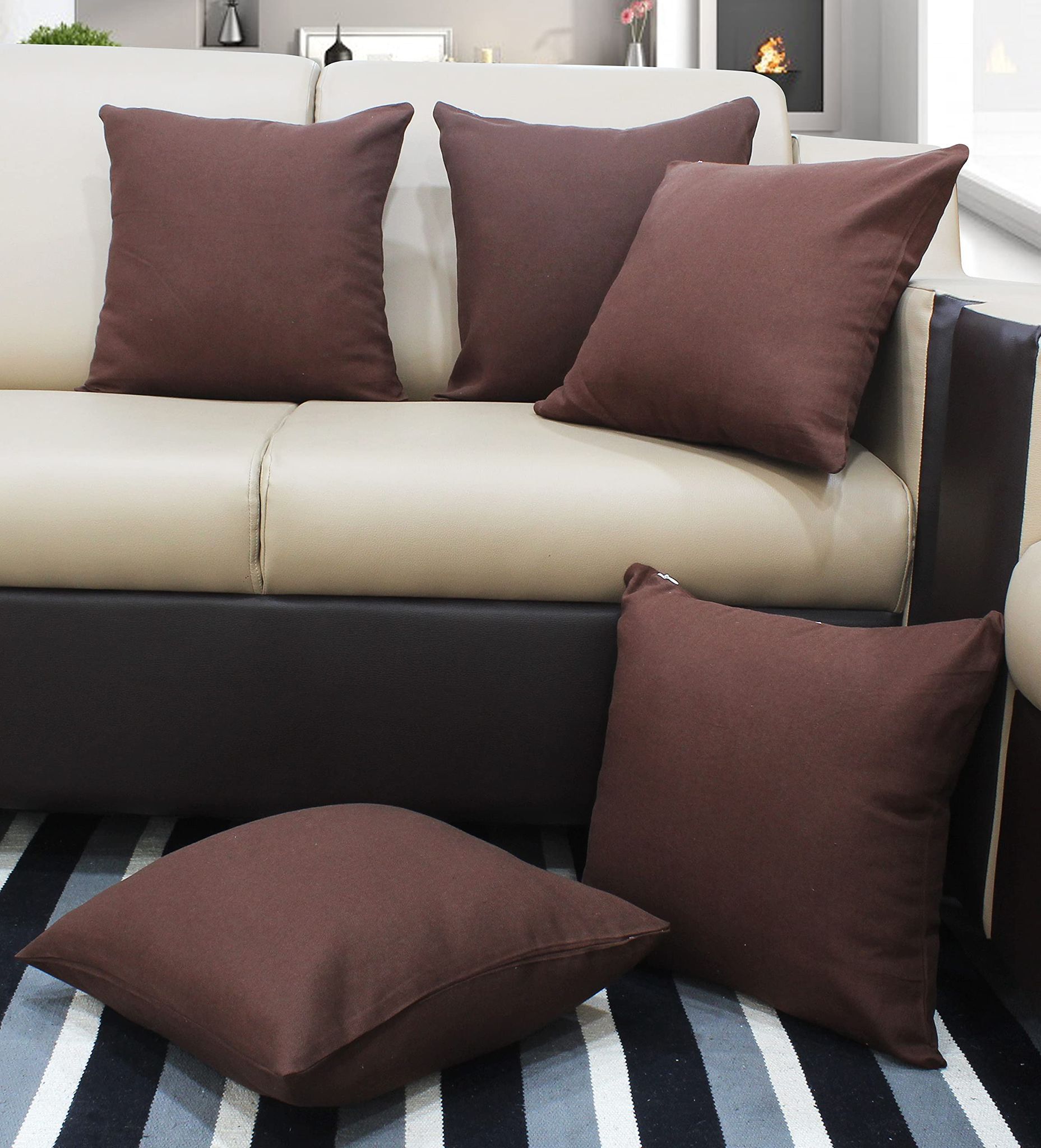 AIRWILL Cotton Themed Cushion Covers for Cushions & Pillows (Brown, Pack of 5)