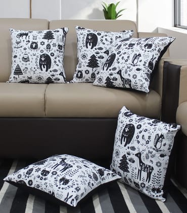 AIRWILL Cotton Wild Animals Themed Cushion Covers for Cushions & Pillows (Black & White, Pack of 5)